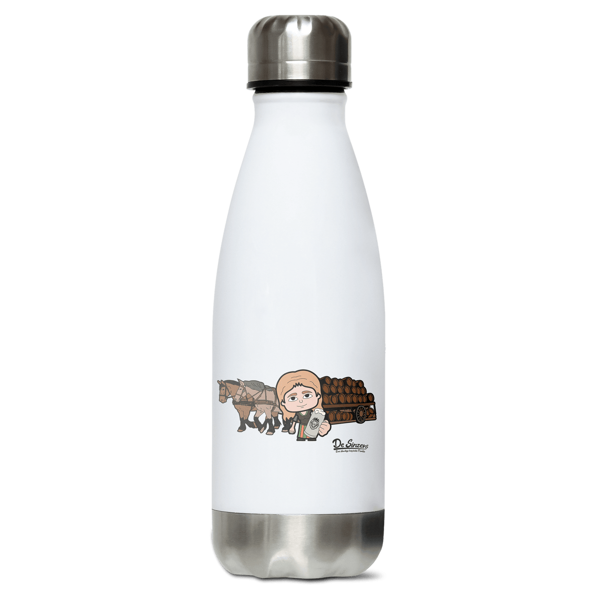 Die Sinzerin Pferdegespann Edelstahl Thermoflasche 350ml Weiss Silber Kreuzspitze Front