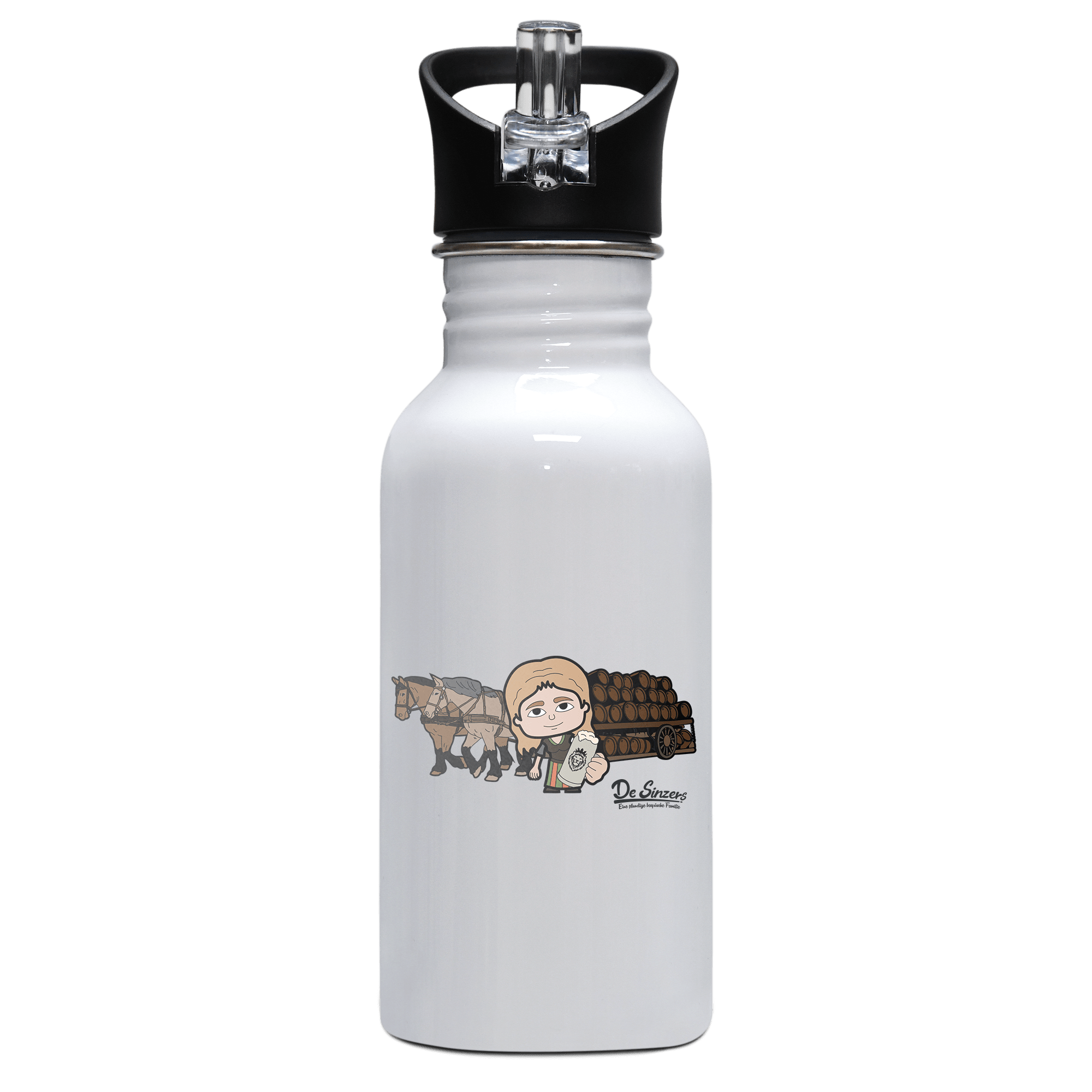 Die Sinzerin Pferdegespann Edelstahl Trinkflasche mit klappbarem Mundstueck 500ml Weiss Rotwand Front