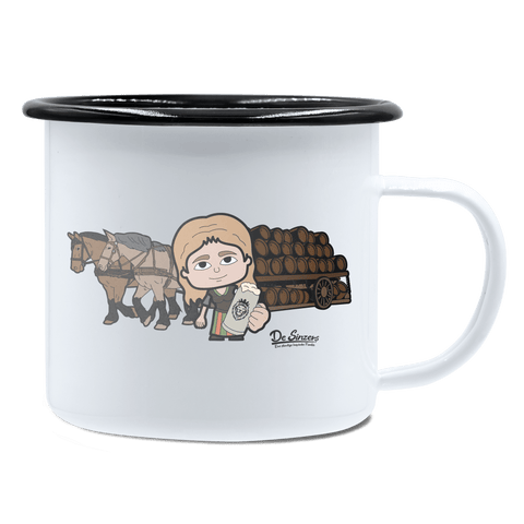 Die Sinzerin Pferdegespann Emaille Tasse 450ml Weiss Schwarz Spitzstein Front