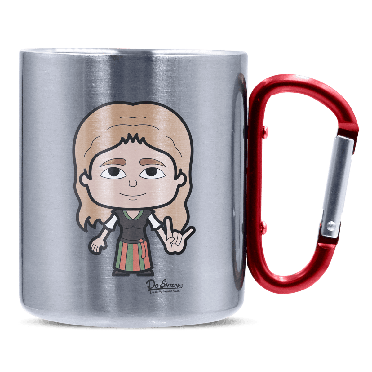 Die Sinzerin Rocking Fingers Edelstahl Kaffeetasse roter Karabiner 320ml Kitzstein Front