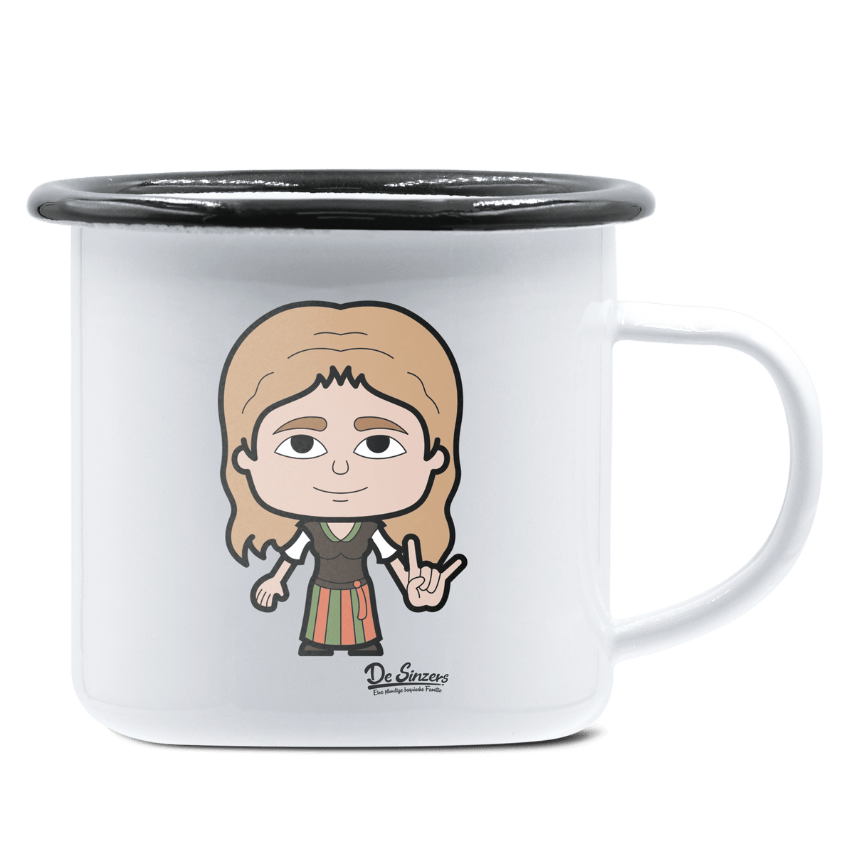 Die Sinzerin Rocking Fingers Emaille Tasse 375ml Weiss Schwarz Hochries Front