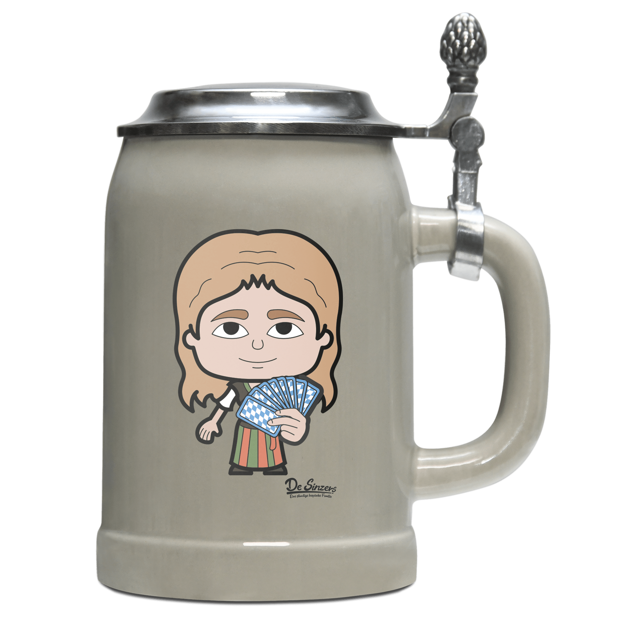 Die Sinzerin Schafkopfen Bierkrug 500ml Grau mit Deckel Hocheck Front