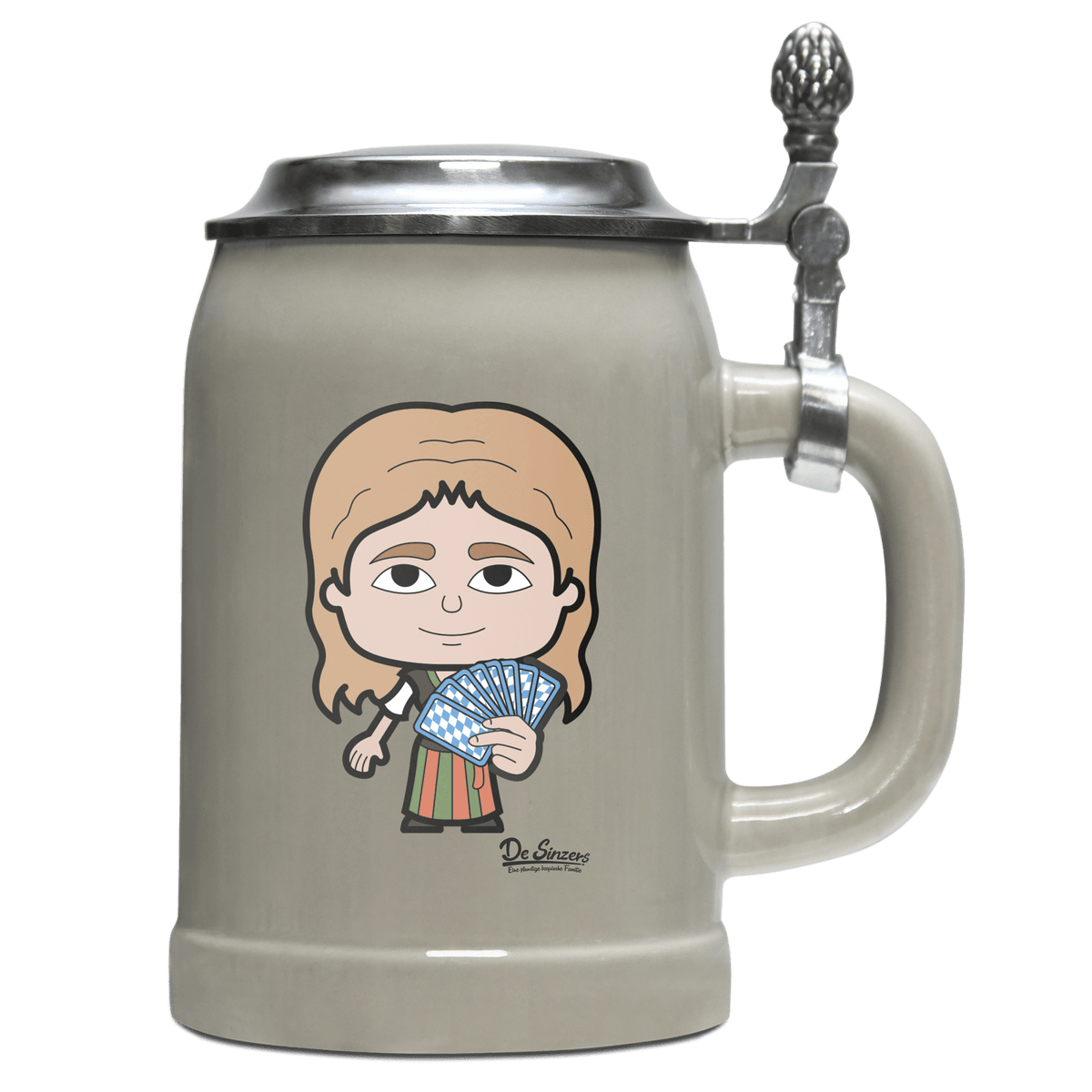 Die Sinzerin Schafkopfen Bierkrug 500ml Grau mit Deckel Hocheck Front