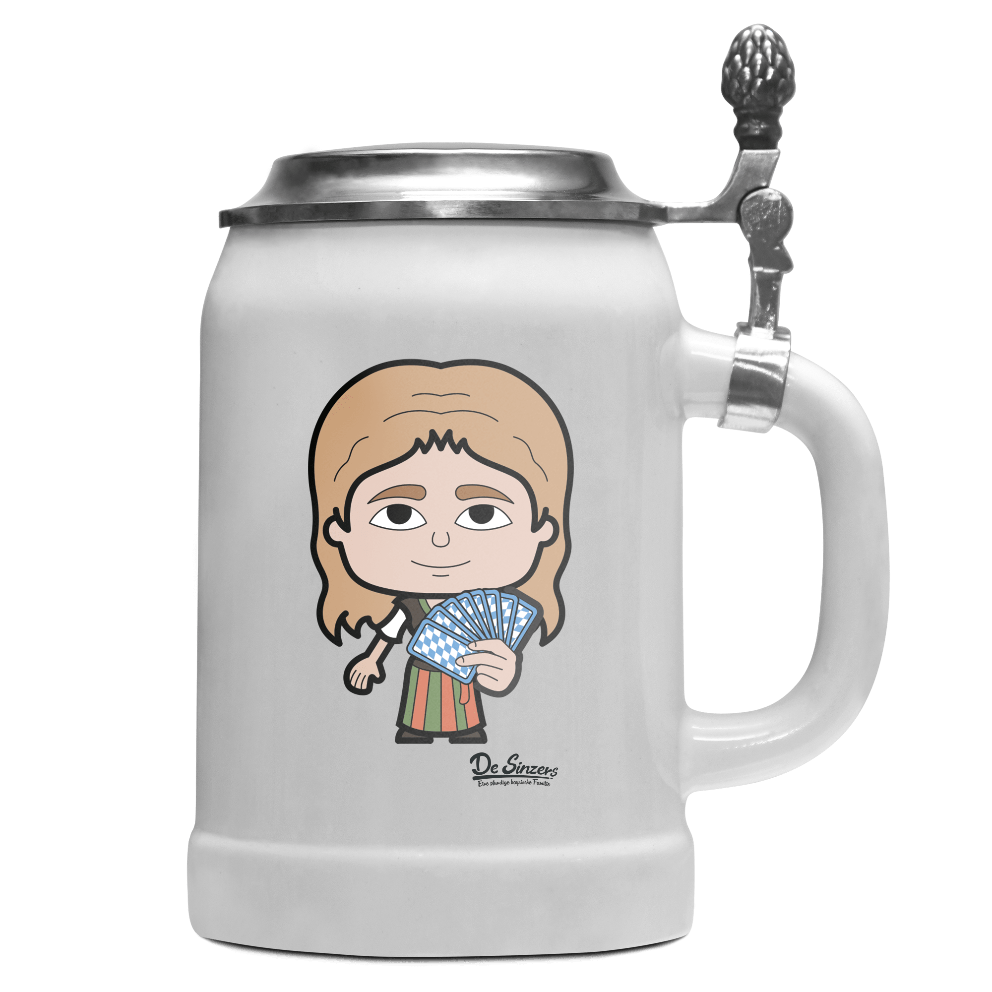 Die Sinzerin Schafkopfen Bierkrug 500ml Weiss mit Deckel Wetterspitzen Front