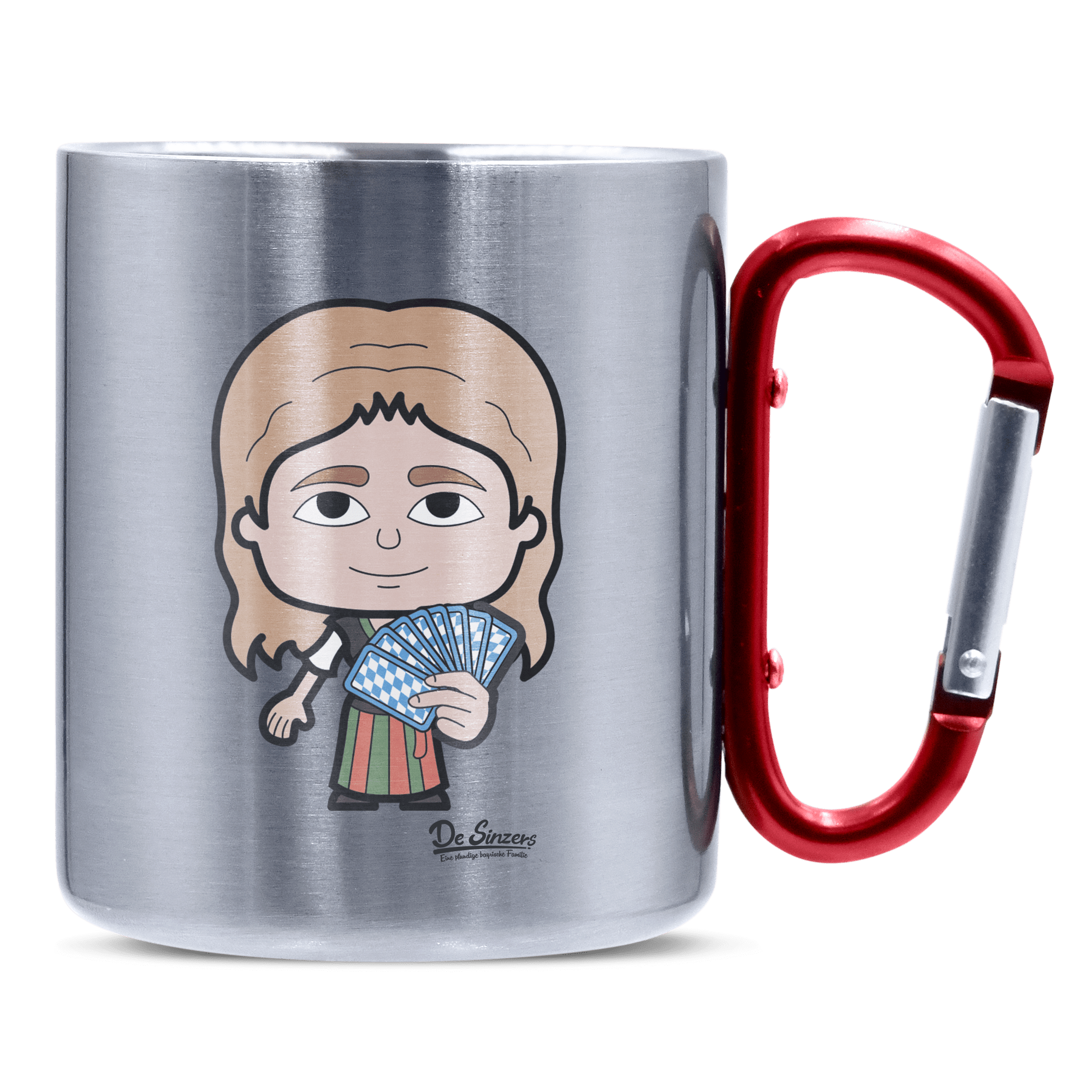 Die Sinzerin Schafkopfen Edelstahl Kaffeetasse roter Karabiner 320ml Kitzstein Front
