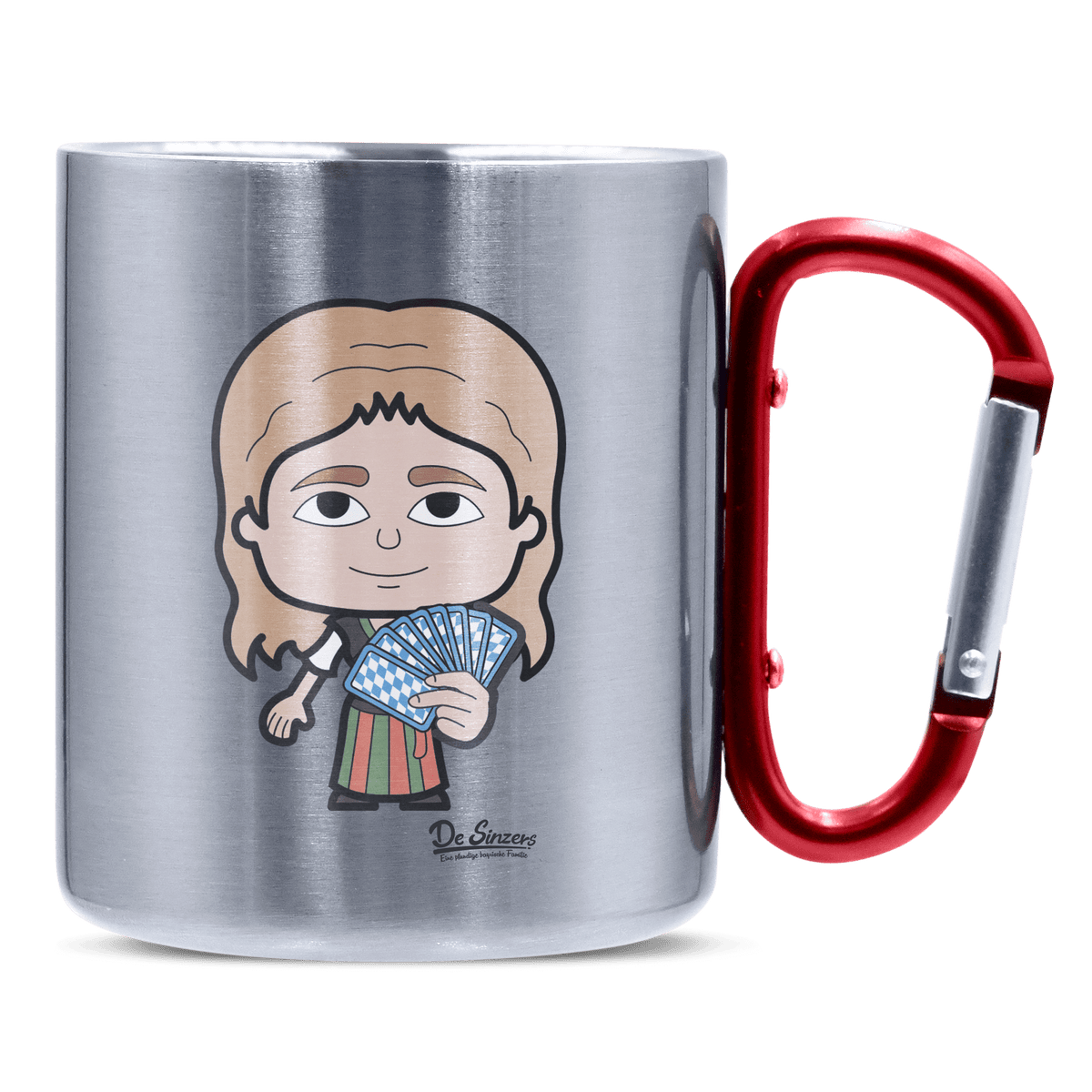 Die Sinzerin Schafkopfen Edelstahl Kaffeetasse roter Karabiner 320ml Kitzstein Front