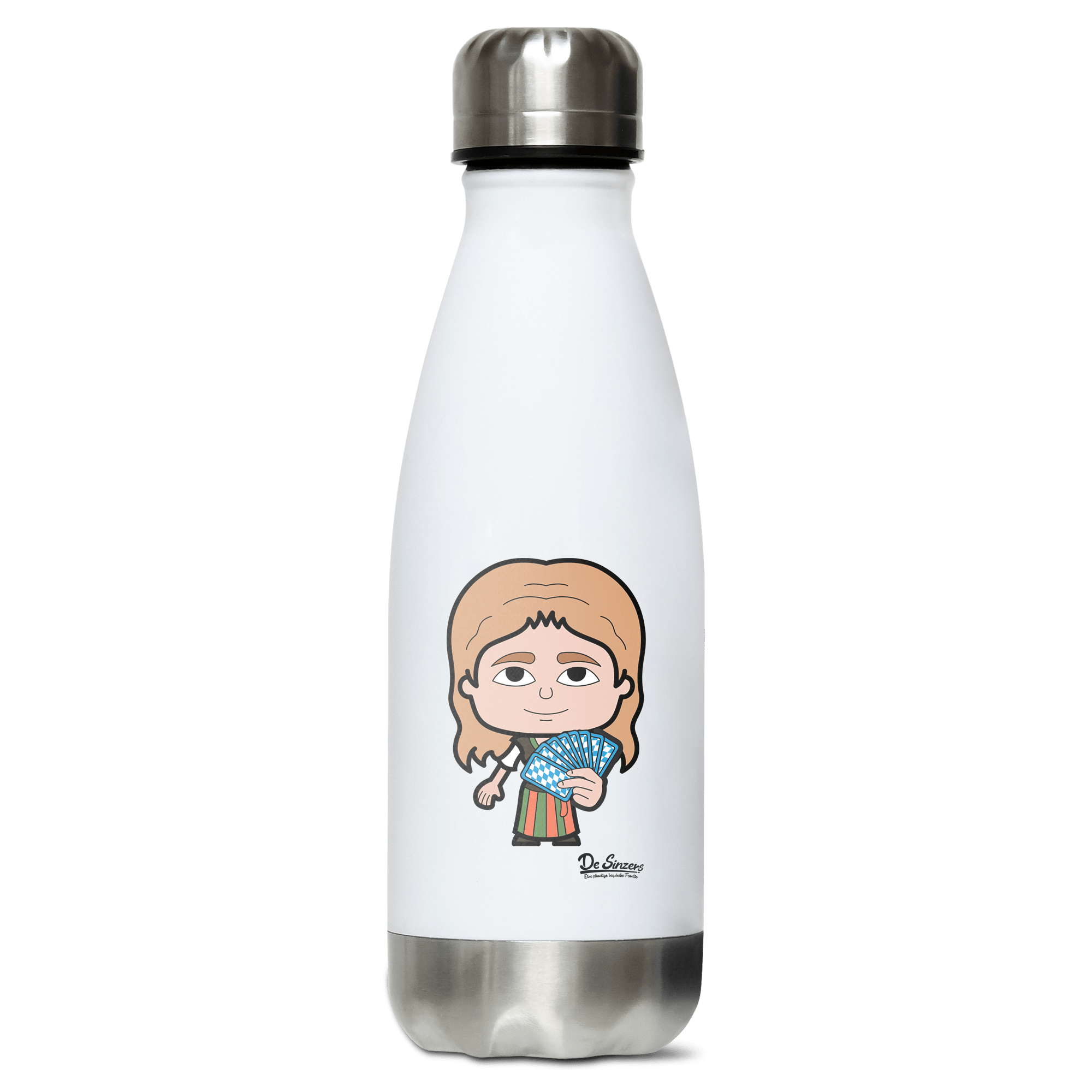 Die Sinzerin Schafkopfen Edelstahl Thermoflasche 350ml Weiss Silber Kreuzspitze Front