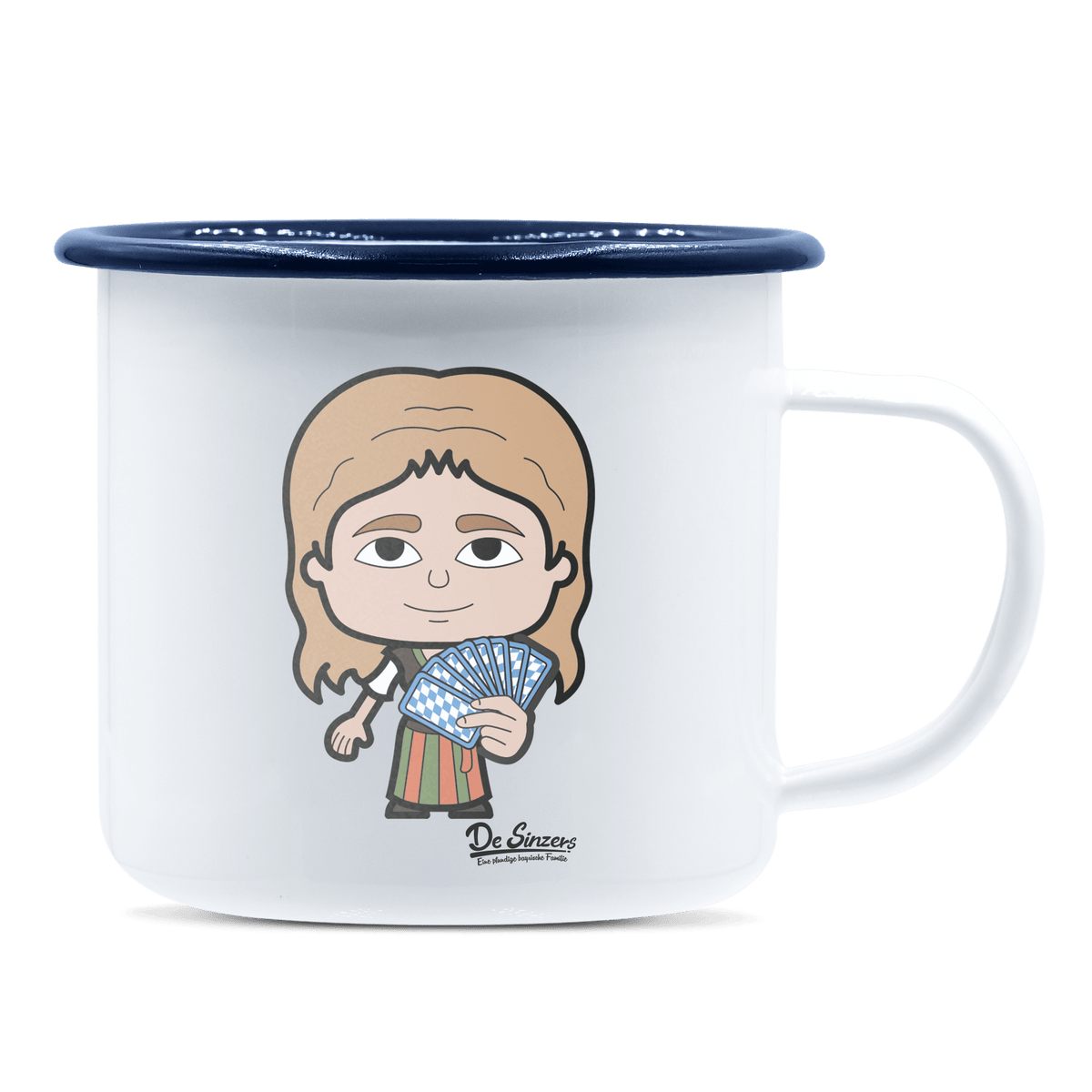 Die Sinzerin Schafkopfen Emaille Tasse 375ml Weiss Blau Heuberg Front