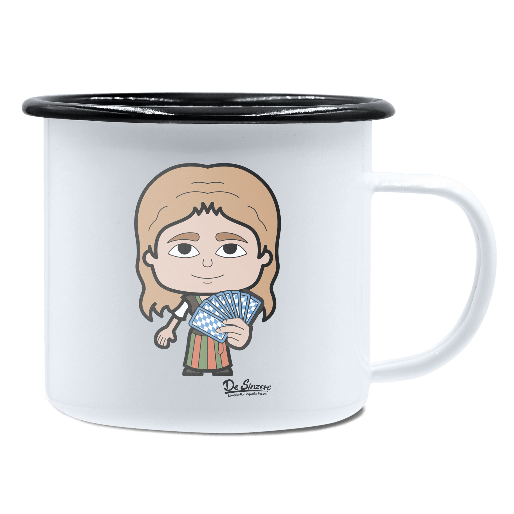 Die Sinzerin Schafkopfen Emaille Tasse 450ml Weiss Schwarz Spitzstein Front