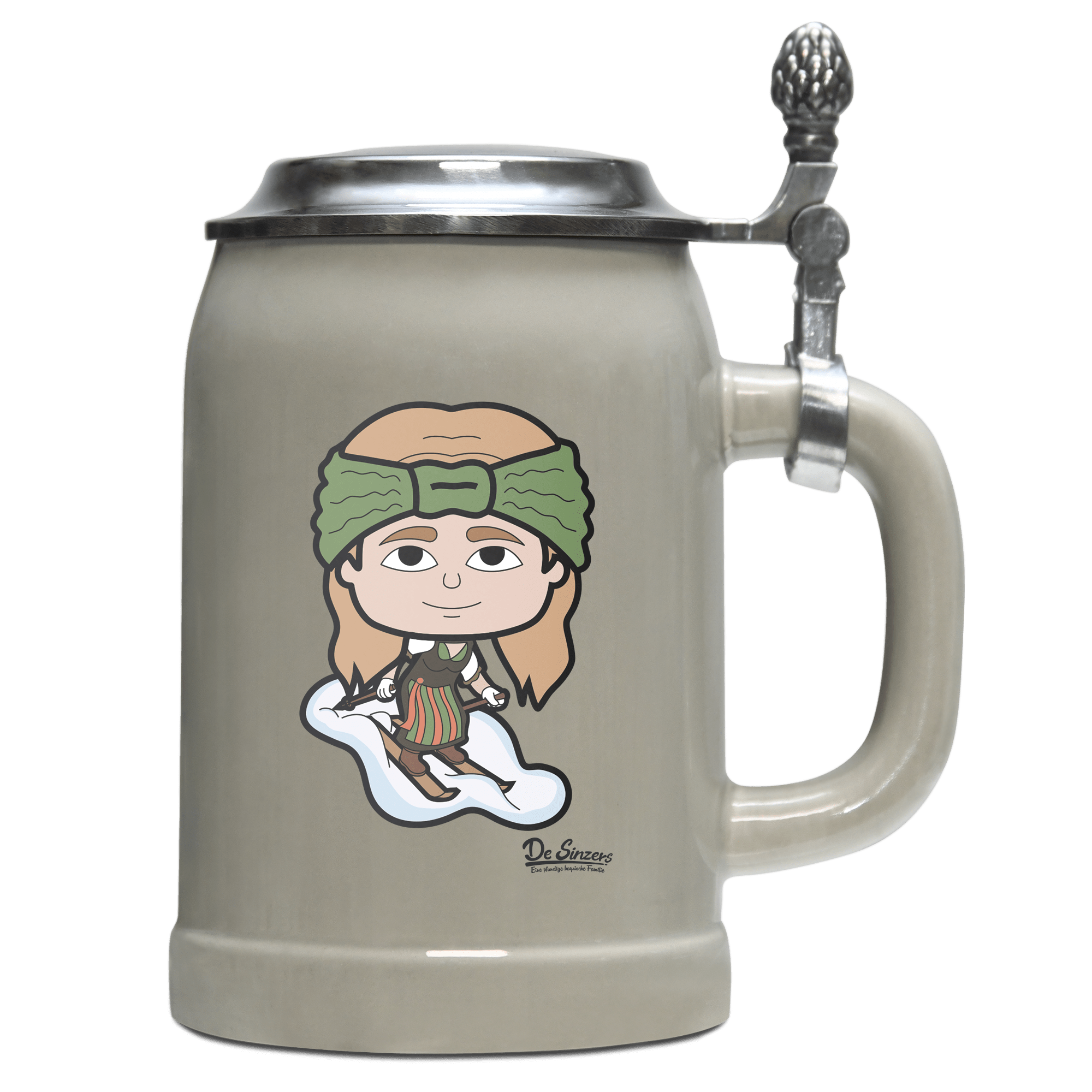 Die Sinzerin Skifahrer Bierkrug 500ml Grau mit Deckel Hocheck Front