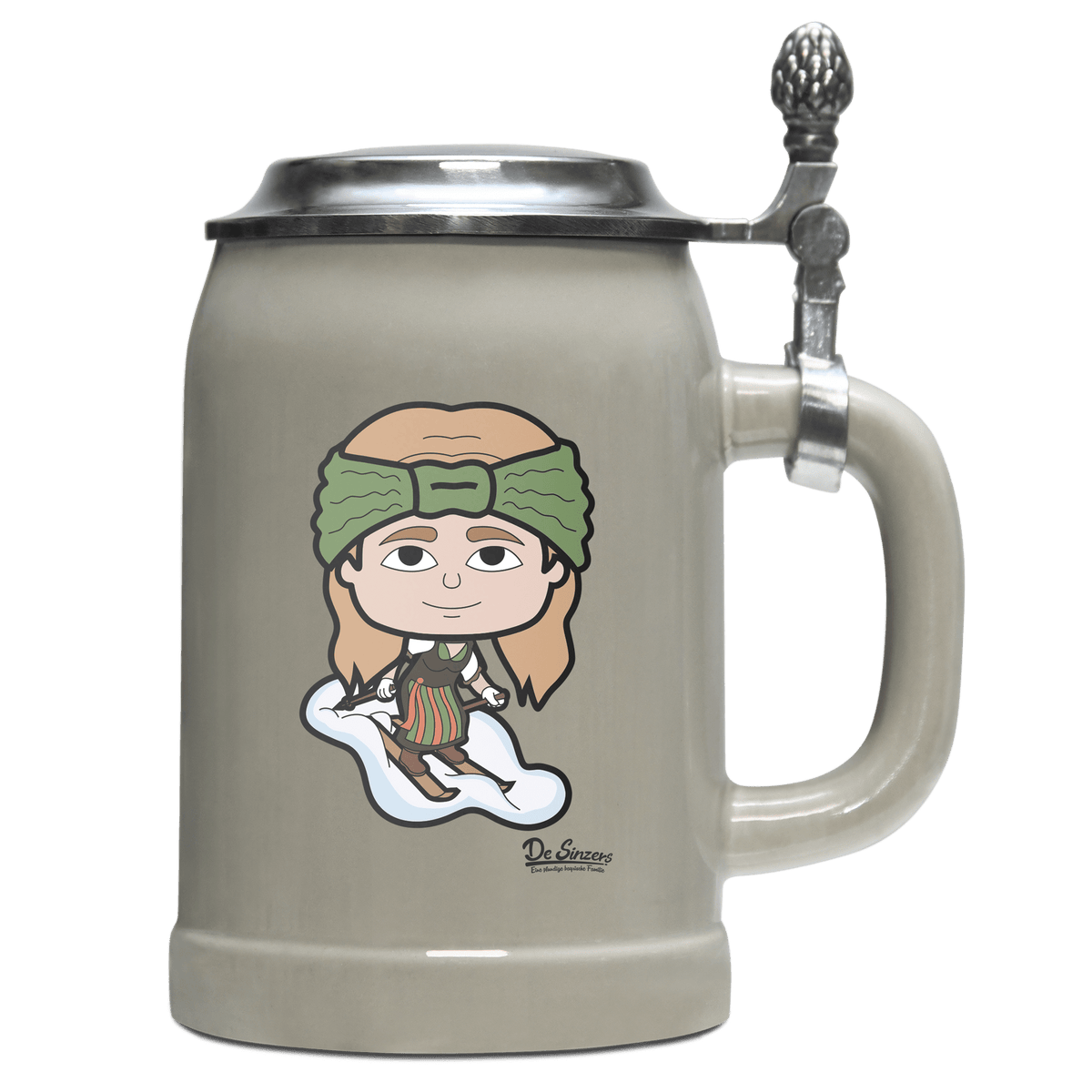 Die Sinzerin Skifahrer Bierkrug 500ml Grau mit Deckel Hocheck Front