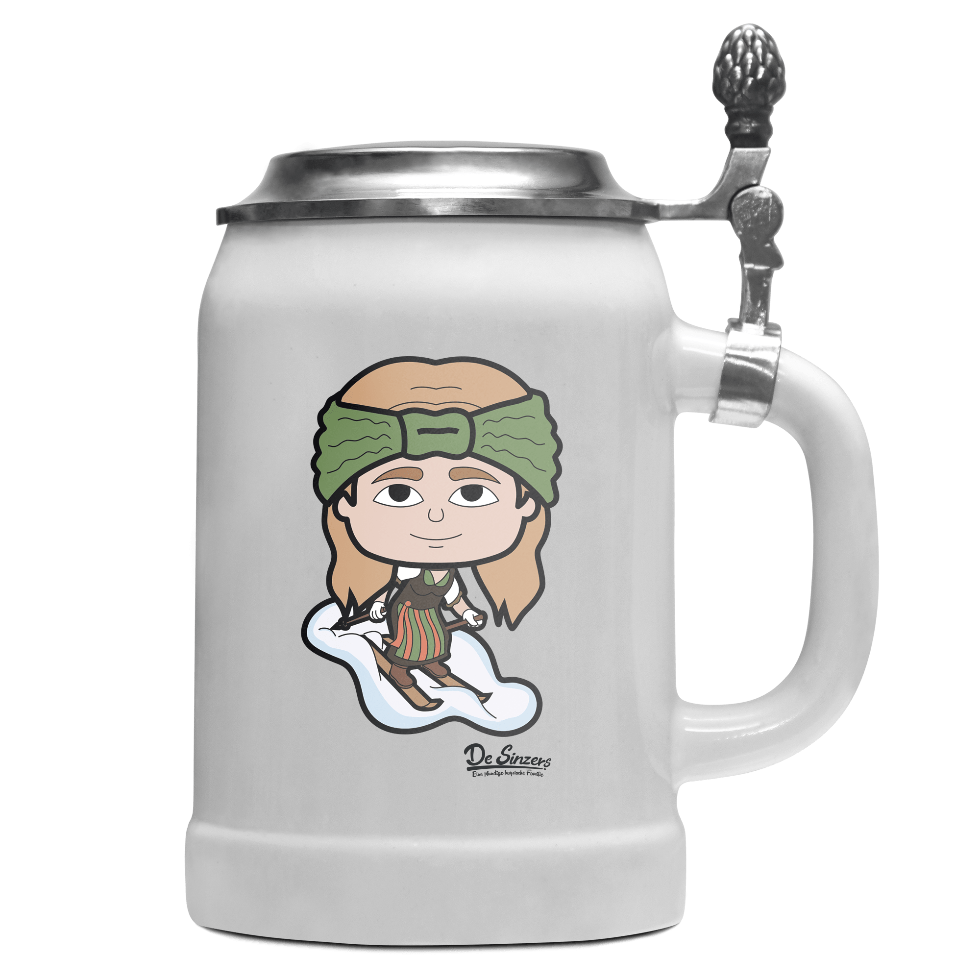 Die Sinzerin Skifahrer Bierkrug 500ml Weiss mit Deckel Wetterspitzen Front