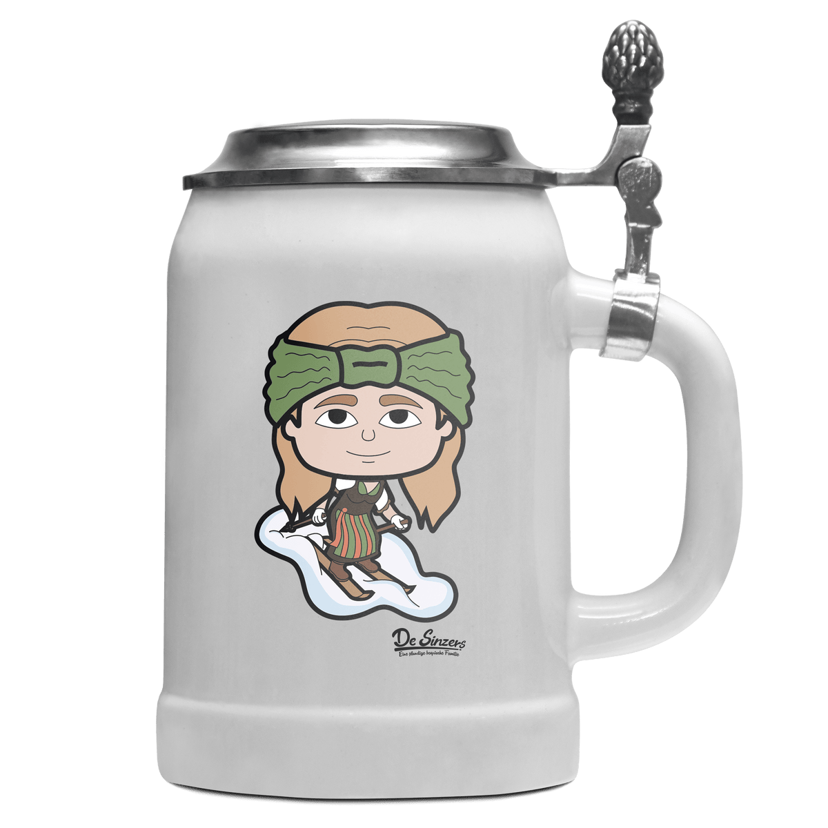 Die Sinzerin Skifahrer Bierkrug 500ml Weiss mit Deckel Wetterspitzen Front