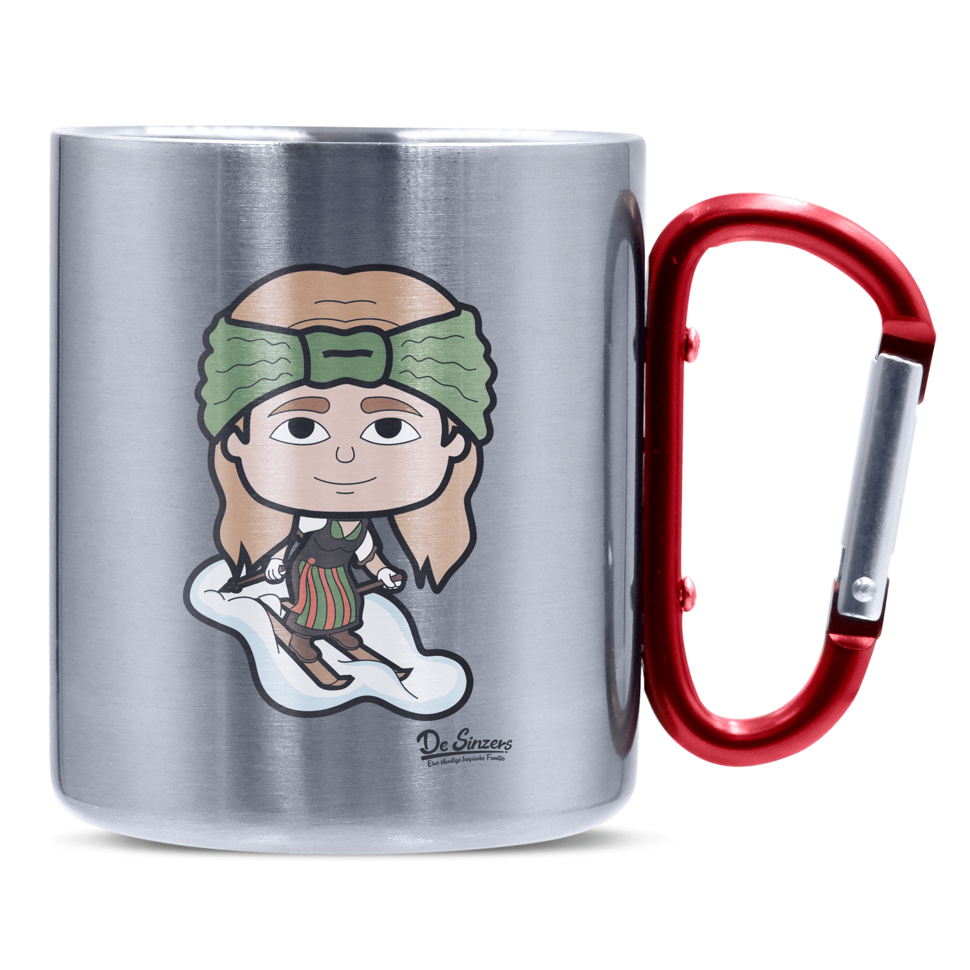 Die Sinzerin Skifahrer Edelstahl Kaffeetasse roter Karabiner 320ml Kitzstein Front