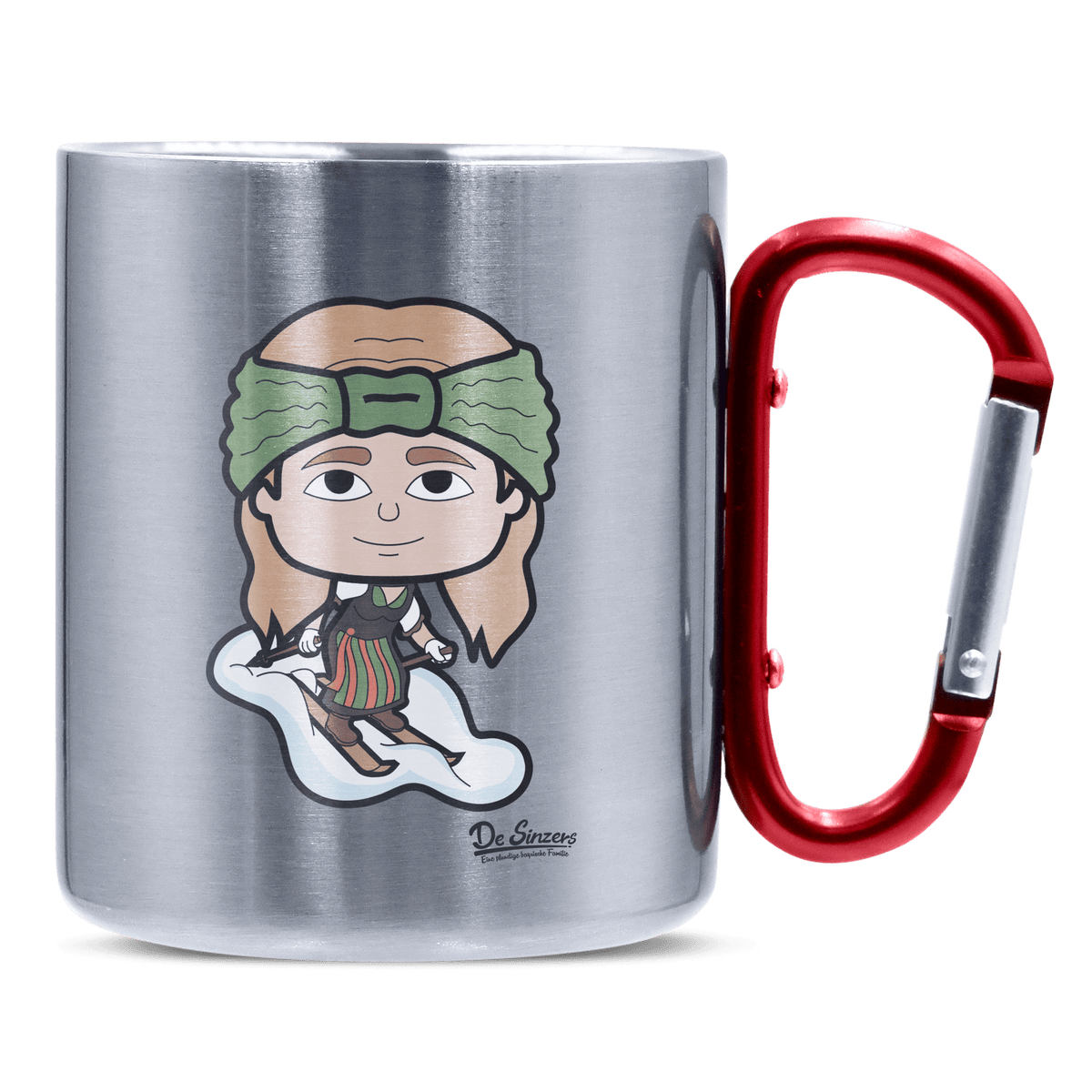 Die Sinzerin Skifahrer Edelstahl Kaffeetasse roter Karabiner 320ml Kitzstein Front