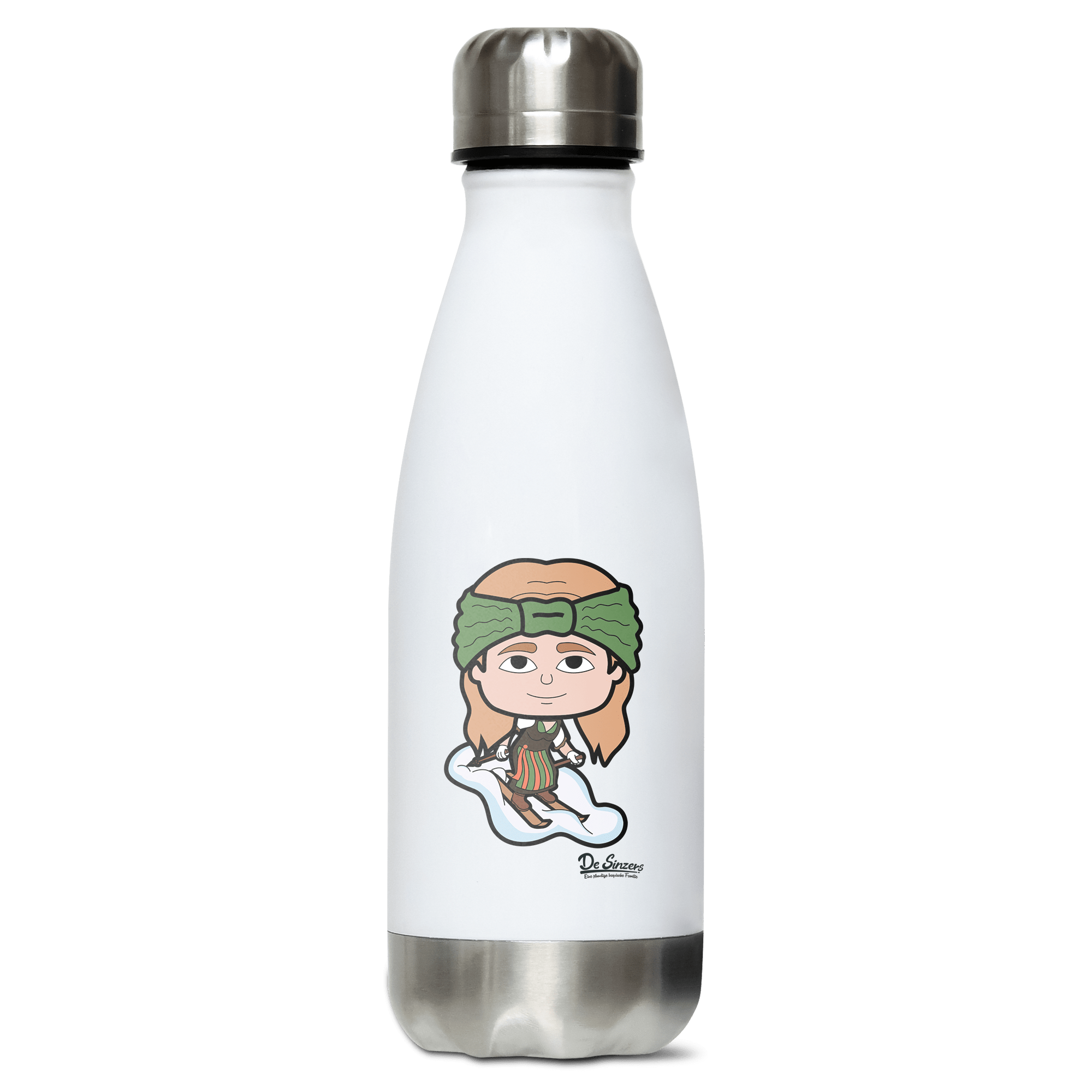 Die Sinzerin Skifahrer Edelstahl Thermoflasche 350ml Weiss Silber Kreuzspitze Front