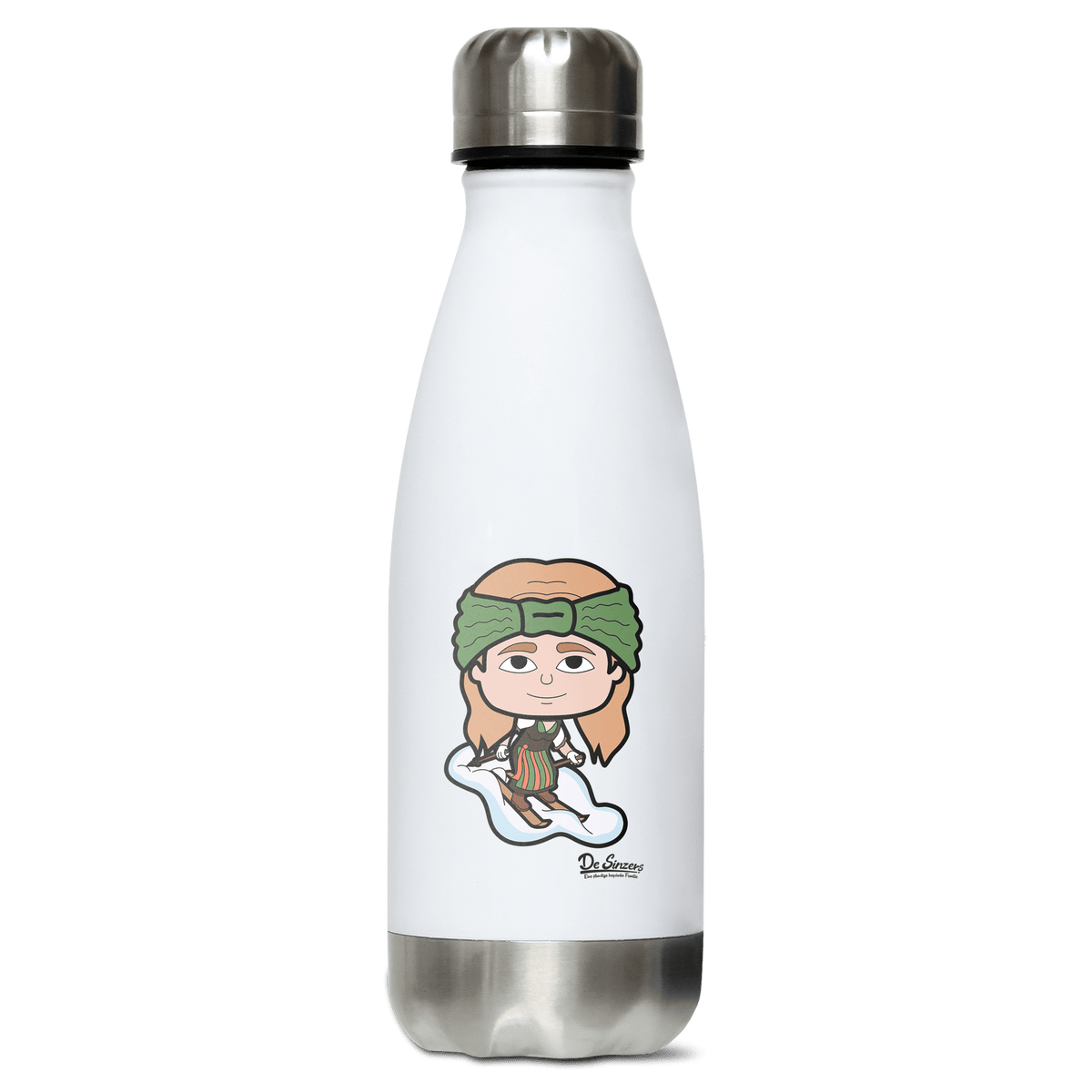 Die Sinzerin Skifahrer Edelstahl Thermoflasche 350ml Weiss Silber Kreuzspitze Front