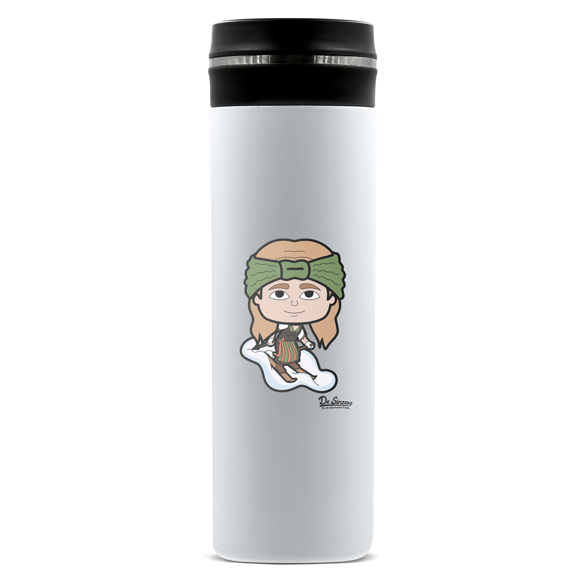 Die Sinzerin Skifahrer Edelstahl Thermoflasche 450ml Weiss Geigelstein Front