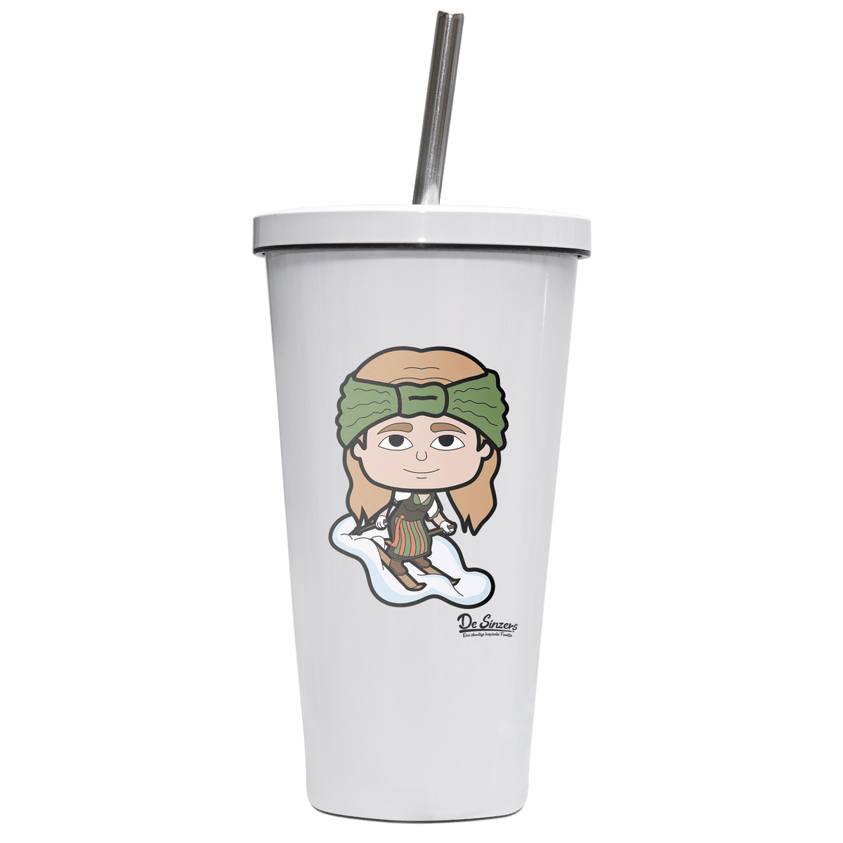 Die Sinzerin Skifahrer Edelstahl Trinkbecher mit Strohhalm 480ml Weiss Krottenkopf Front