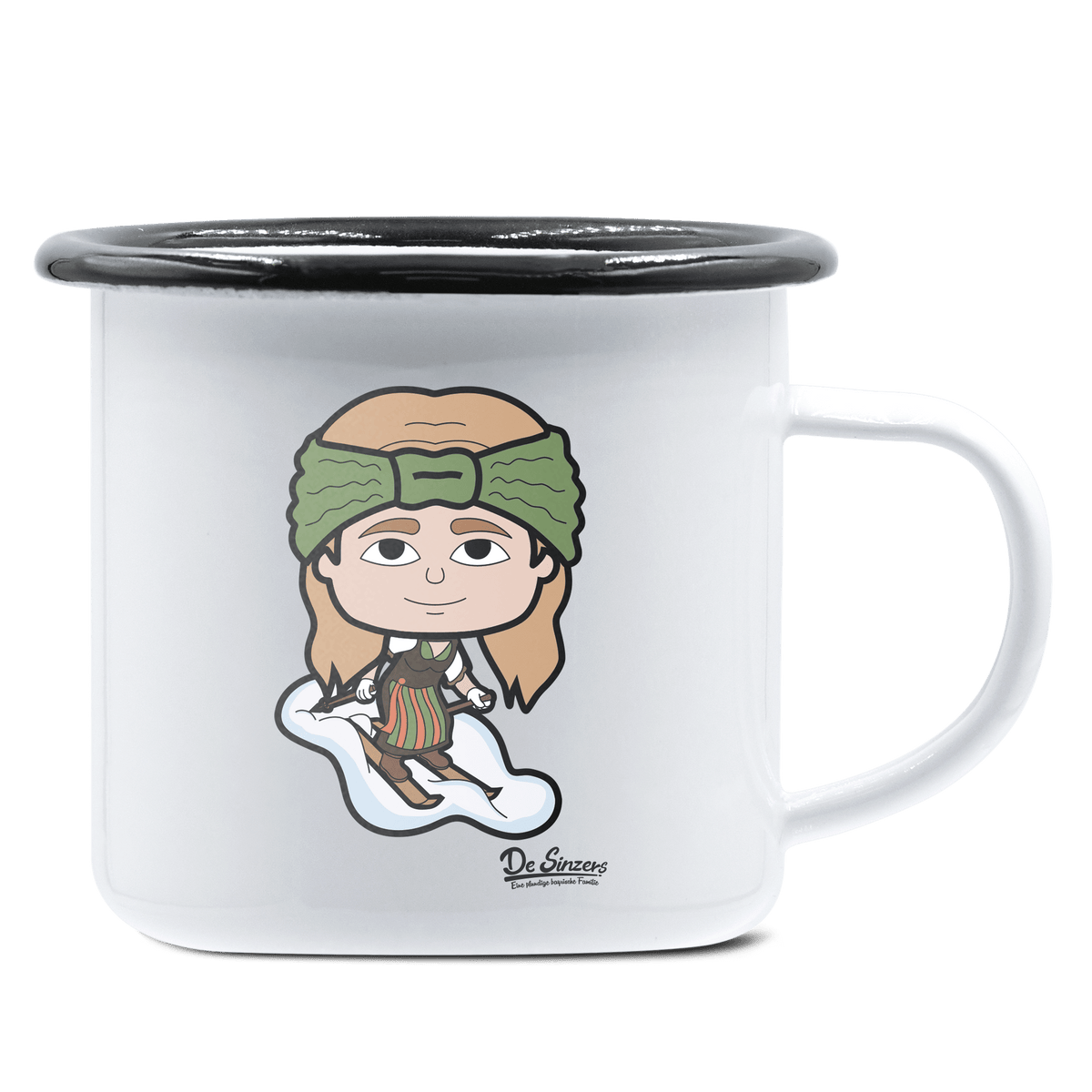 Die Sinzerin Skifahrer Emaille Tasse 375ml Weiss Schwarz Hochries Front