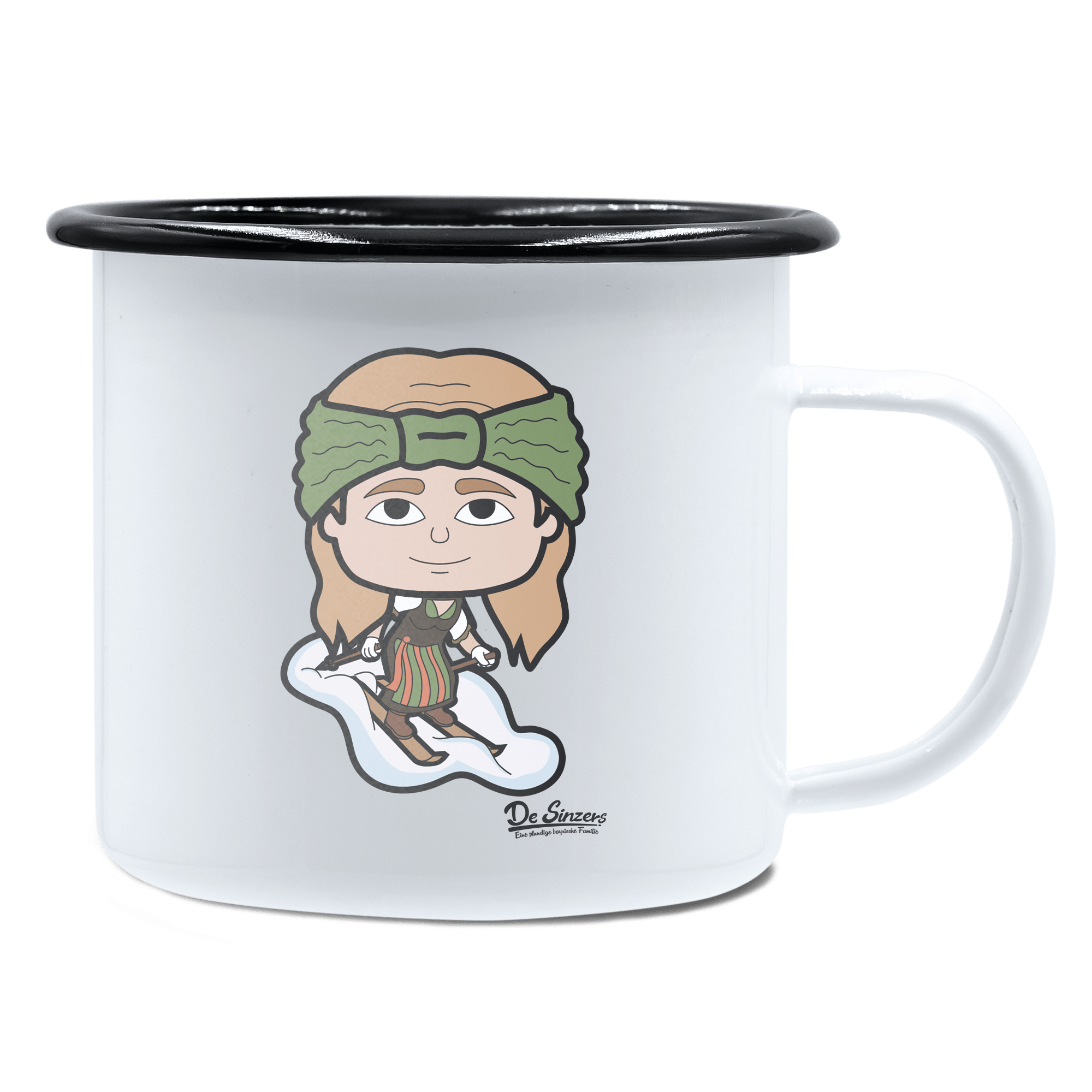 Die Sinzerin Skifahrer Emaille Tasse 450ml Weiss Schwarz Spitzstein Front