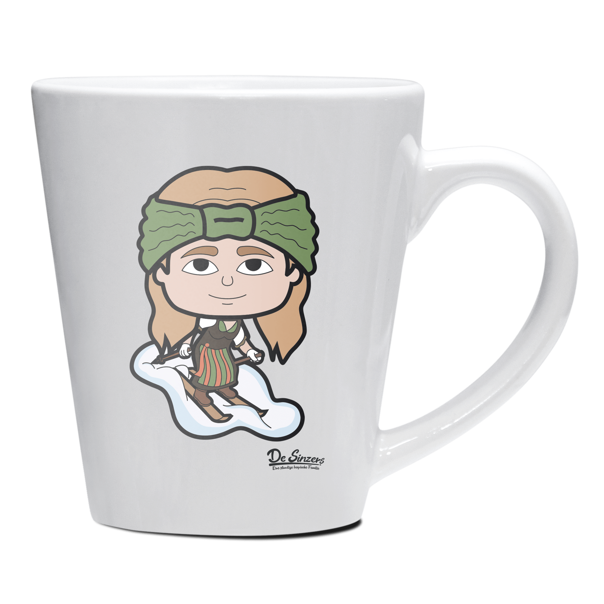 Die Sinzerin Skifahrer Keramik Kaffeetasse 200ml Weiss Herzogstand Front