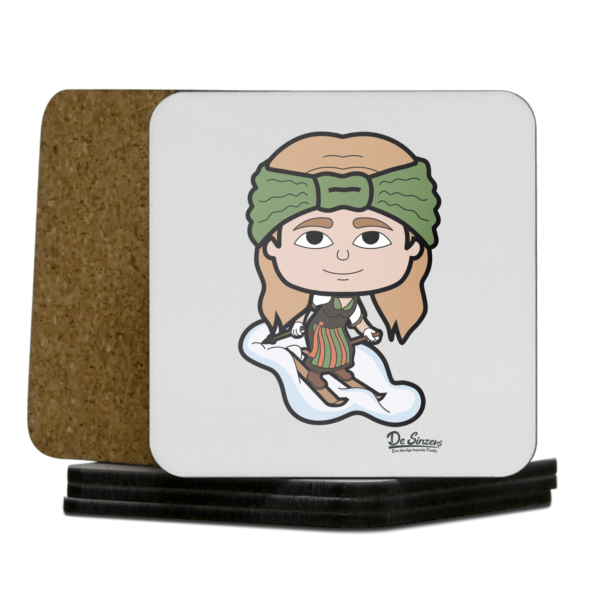 Die Sinzerin Skifahrer Korkuntersetzer 5er Set 95 x 95 mm Weiss Karkopf Front