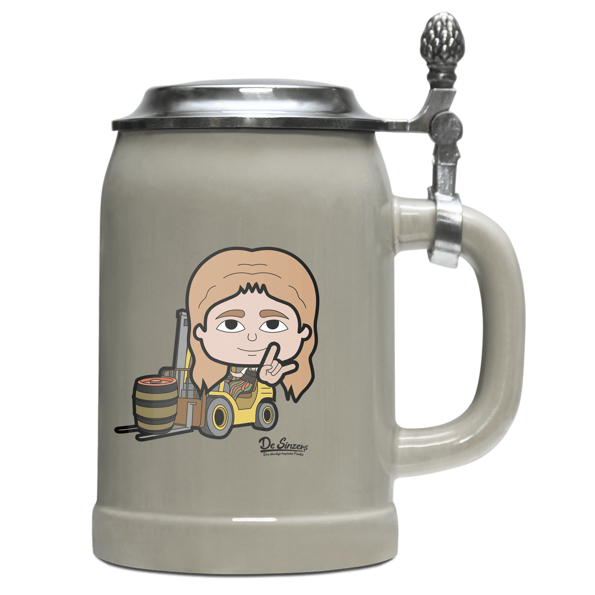 Die Sinzerin Staplerfahrer Bierkrug 500ml Grau mit Deckel Hocheck Front