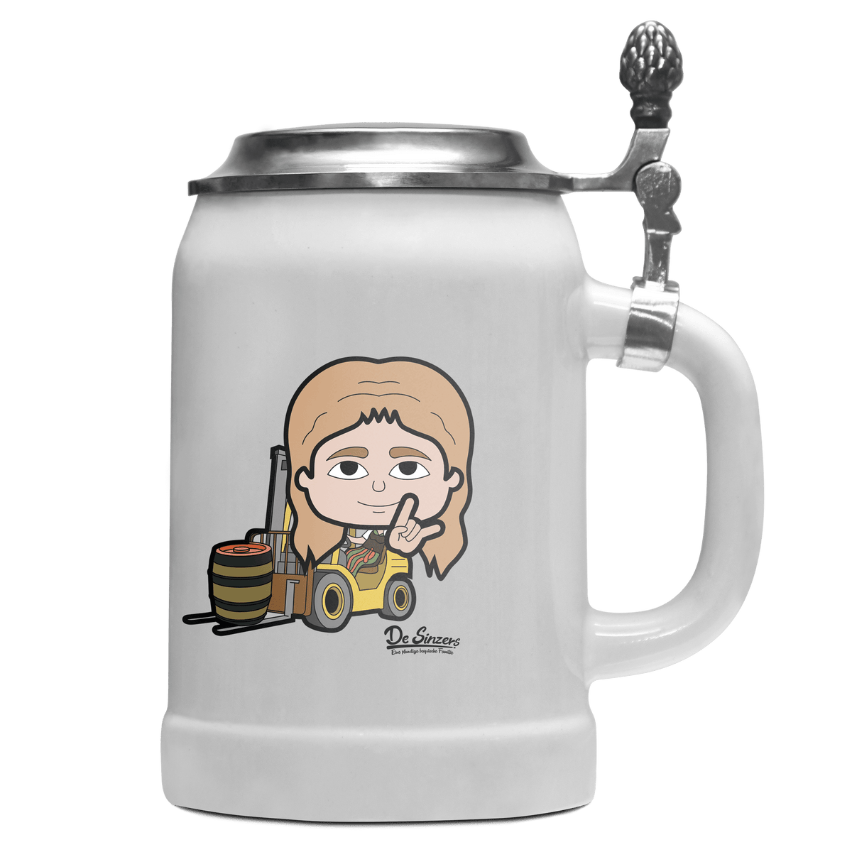 Die Sinzerin Staplerfahrer Bierkrug 500ml Weiss mit Deckel Wetterspitzen Front
