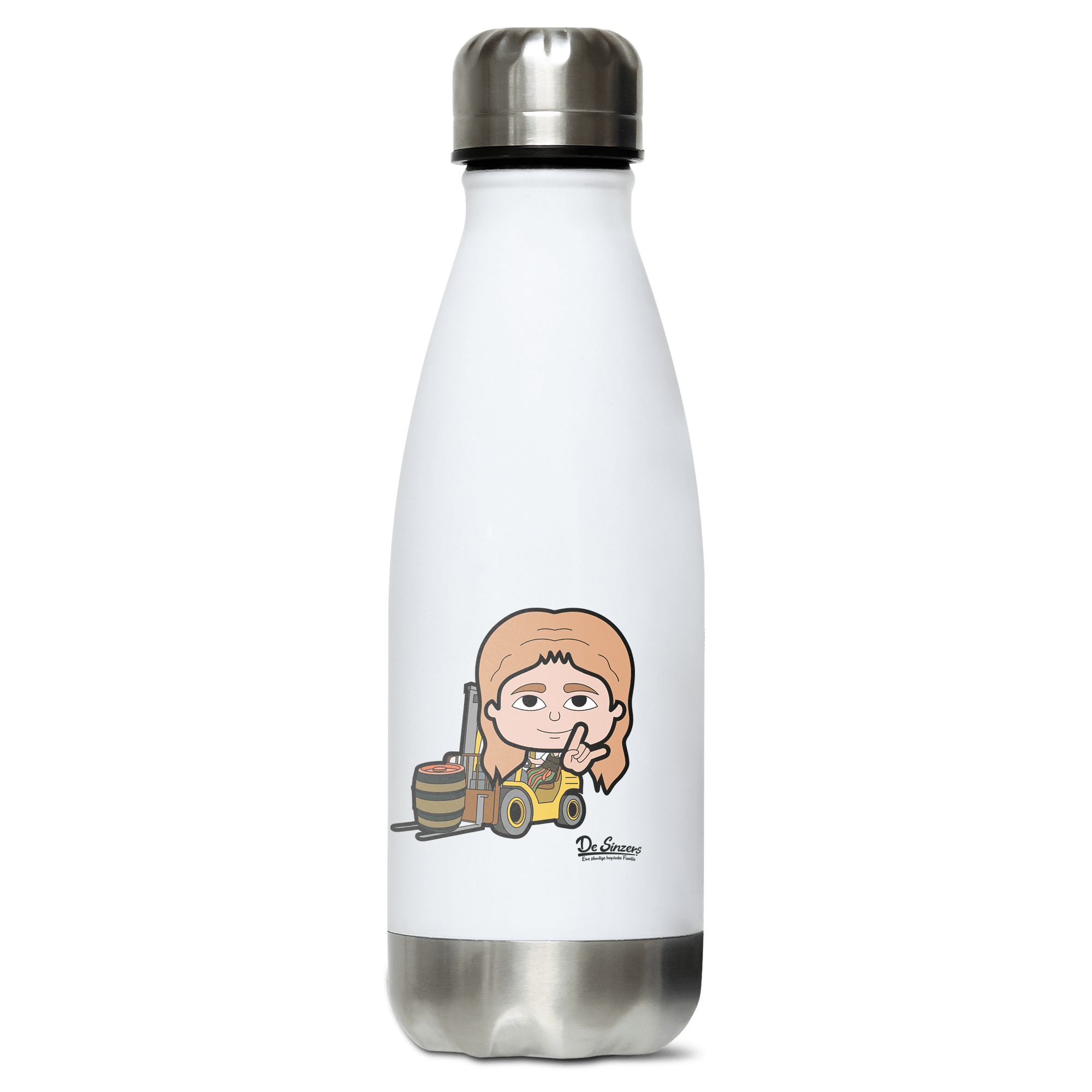 Die Sinzerin Staplerfahrer Edelstahl Thermoflasche 350ml Weiss Silber Kreuzspitze Front