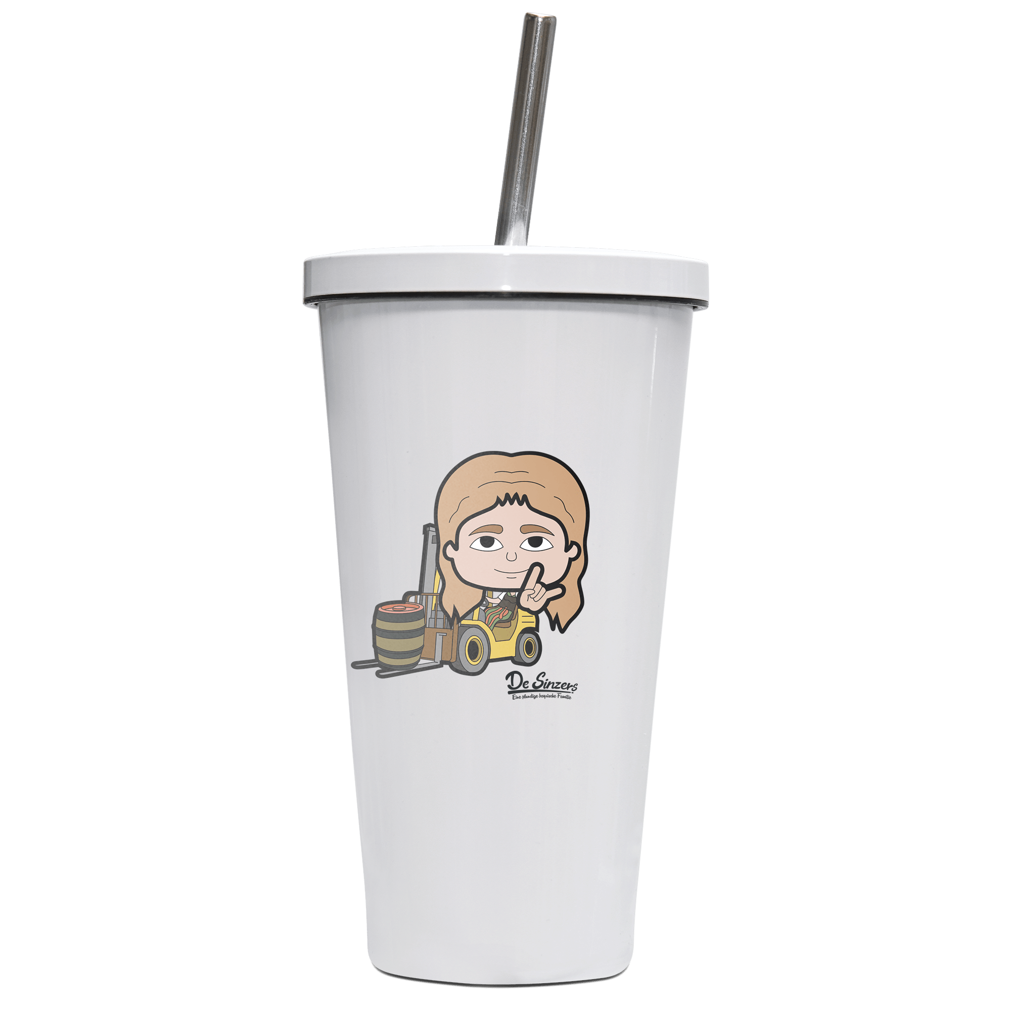 Die Sinzerin Staplerfahrer Edelstahl Trinkbecher mit Strohhalm 480ml Weiss Krottenkopf Front