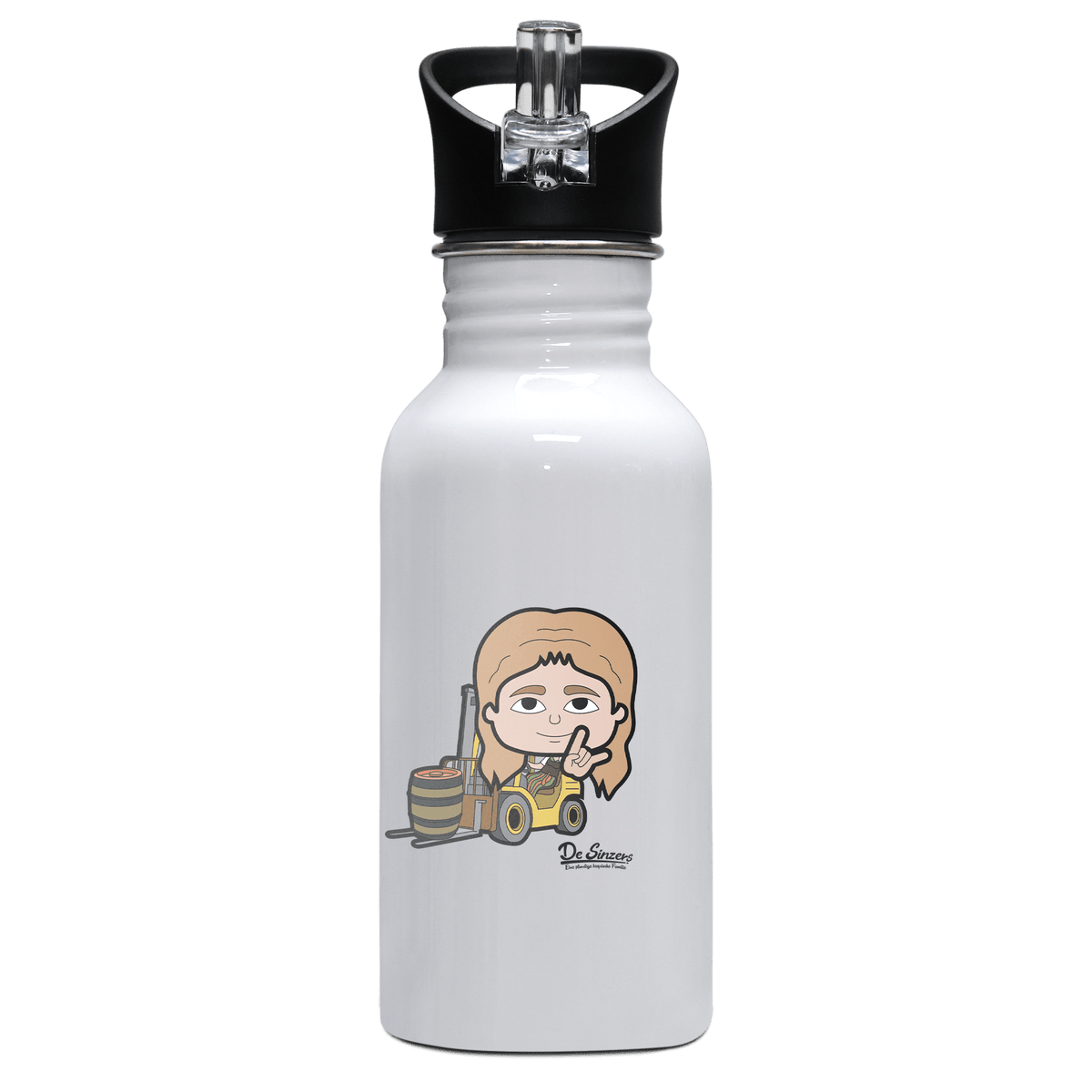 Die Sinzerin Staplerfahrer Edelstahl Trinkflasche mit klappbarem Mundstueck 500ml Weiss Rotwand Front