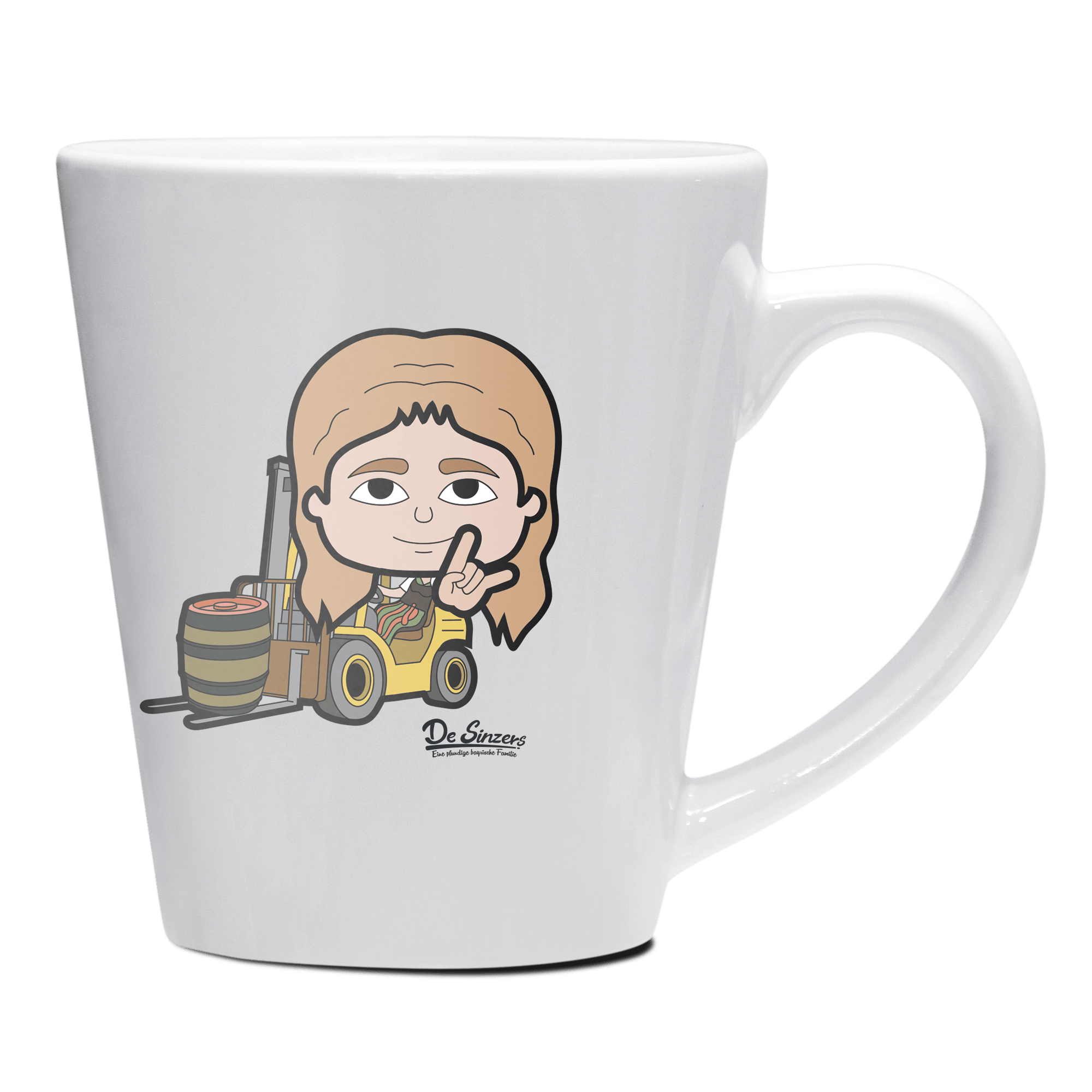 Die Sinzerin Staplerfahrer Keramik Kaffeetasse 200ml Weiss Herzogstand Front