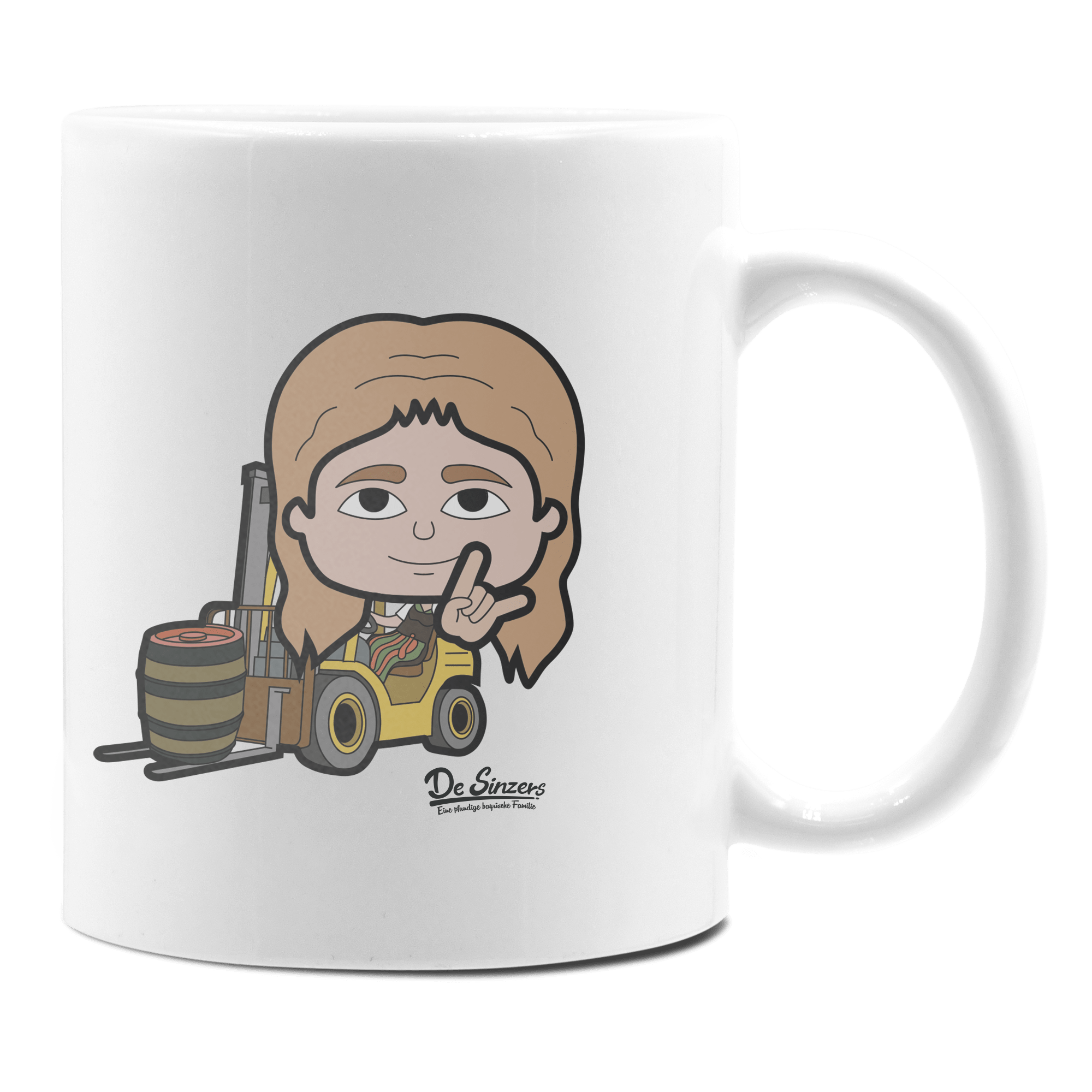 Die Sinzerin Staplerfahrer Keramik Kaffeetasse 330ml Weiss Rampoldplatte Front