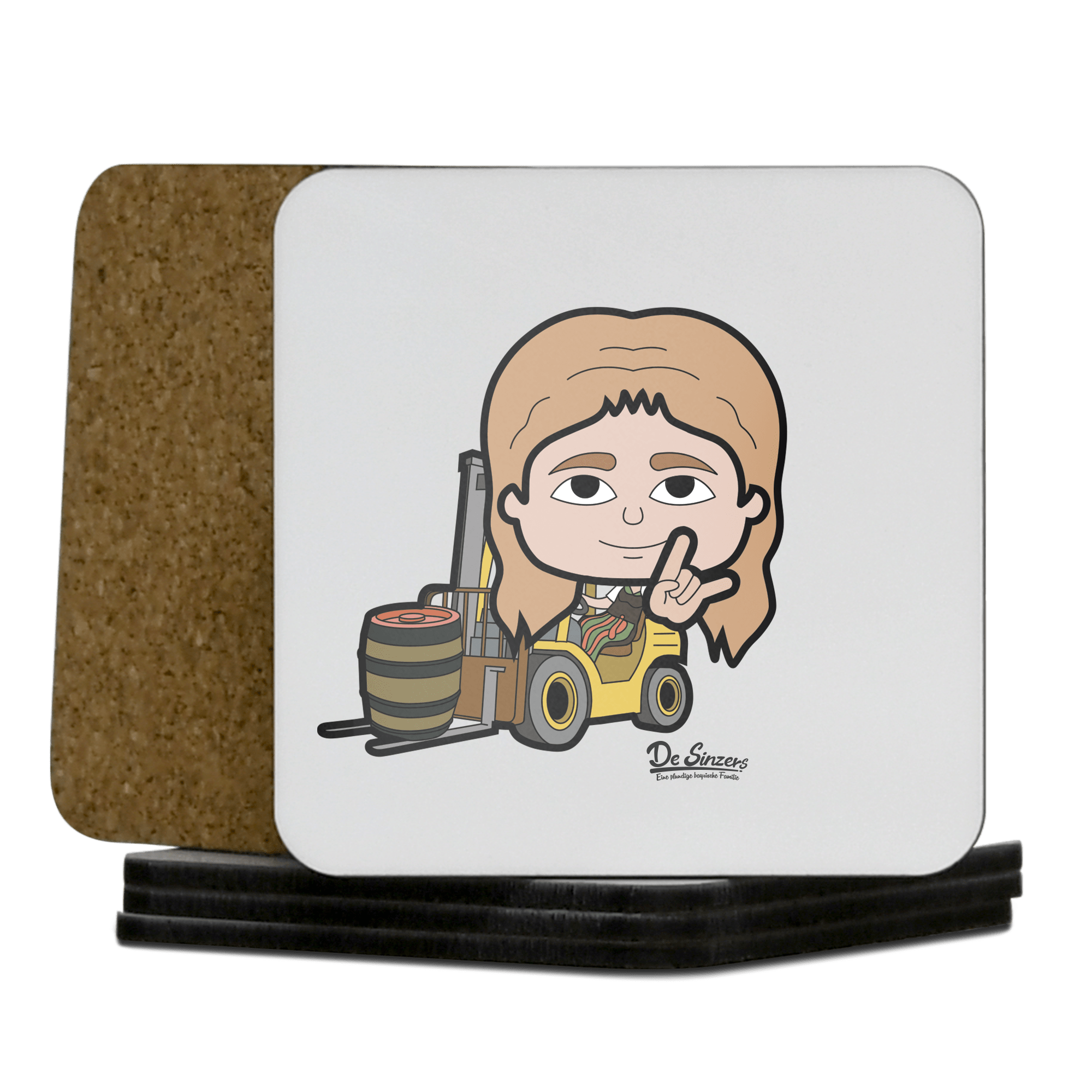 Die Sinzerin Staplerfahrer Korkuntersetzer 5er Set 95 x 95 mm Weiss Karkopf Front