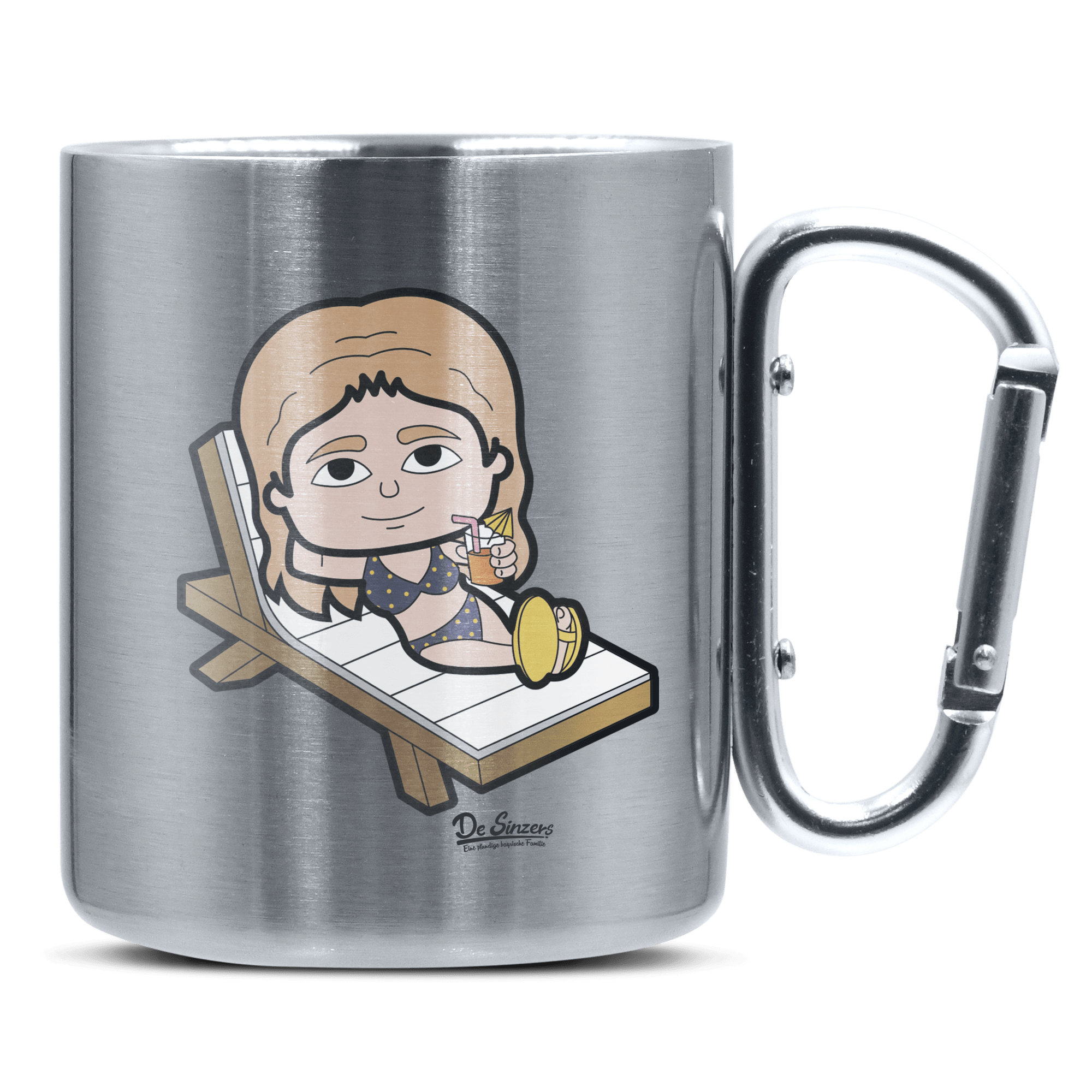 Die Sinzerin Summer Edition Edelstahl Kaffeetasse silberer Karabiner 320ml Grosser Traithen Front