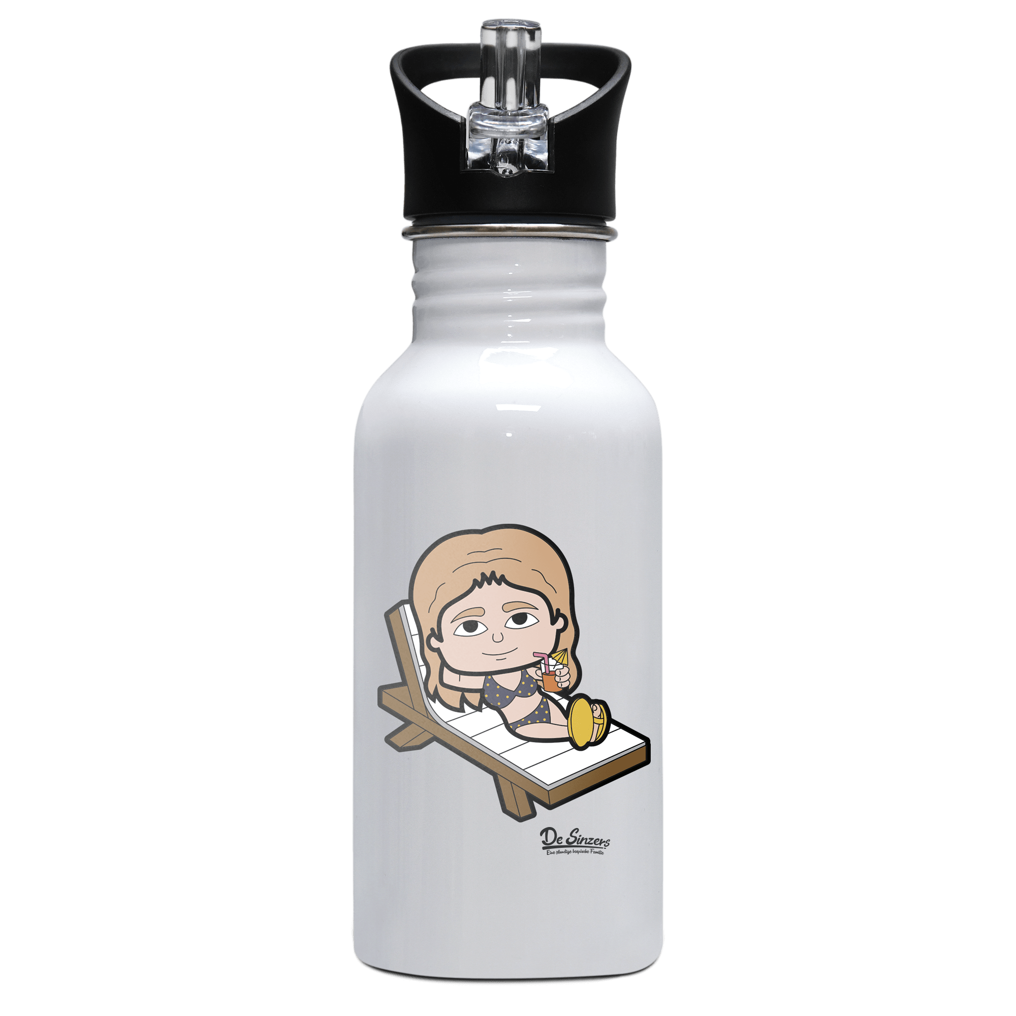 Die Sinzerin Summer Edition Edelstahl Trinkflasche mit klappbarem Mundstueck 500ml Weiss Rotwand Front