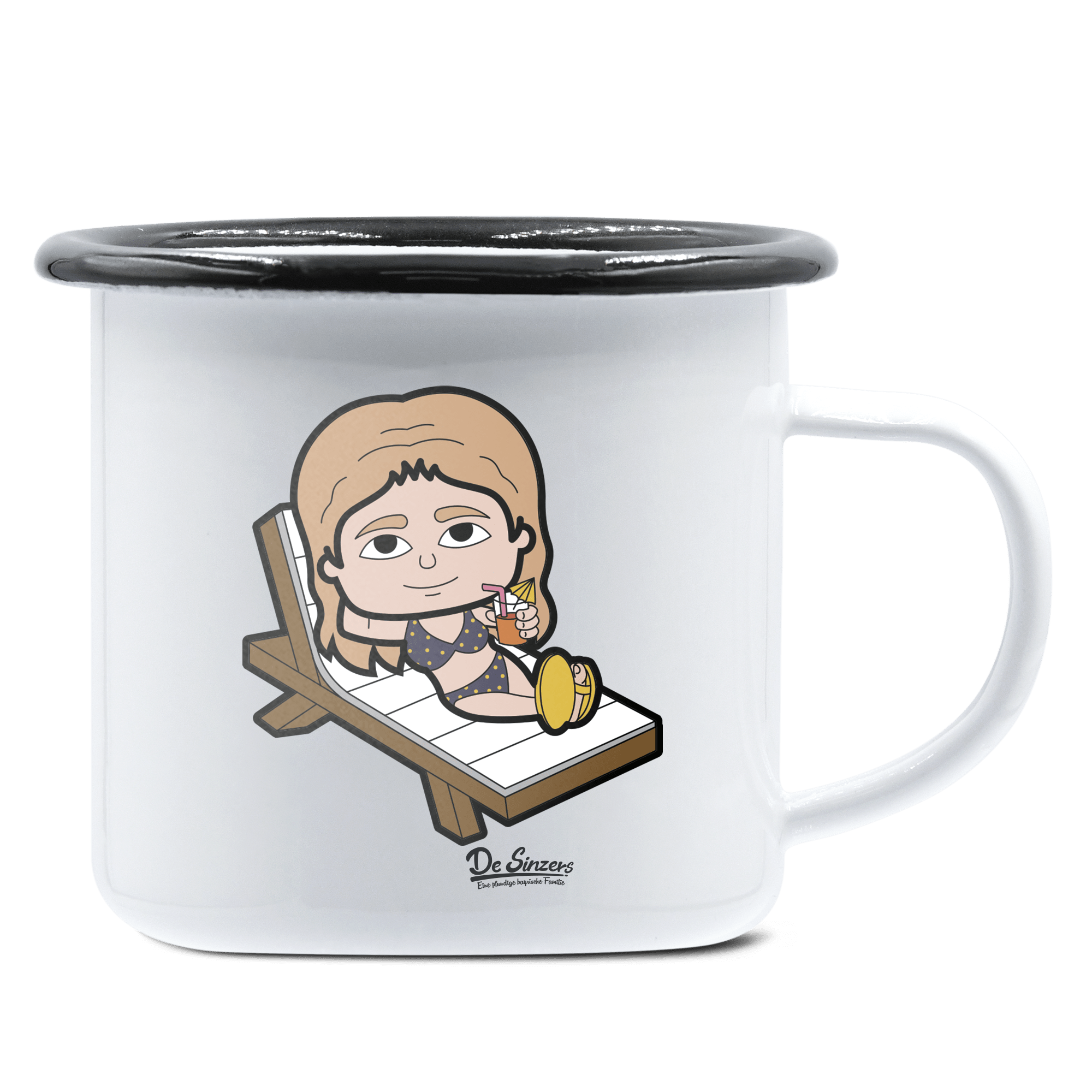 Die Sinzerin Summer Edition Emaille Tasse 375ml Weiss Schwarz Hochries Front