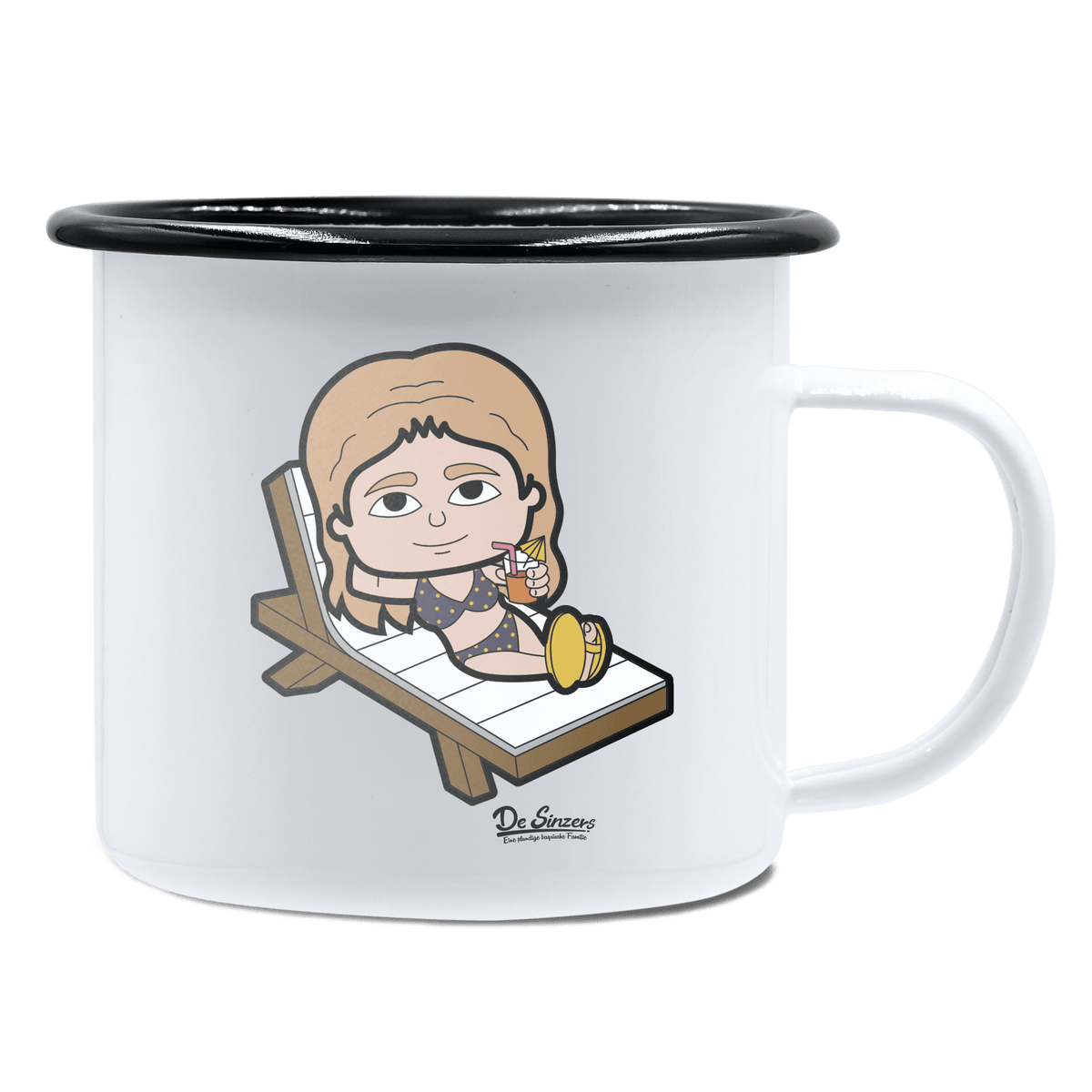 Die Sinzerin Summer Edition Emaille Tasse 450ml Weiss Schwarz Spitzstein Front