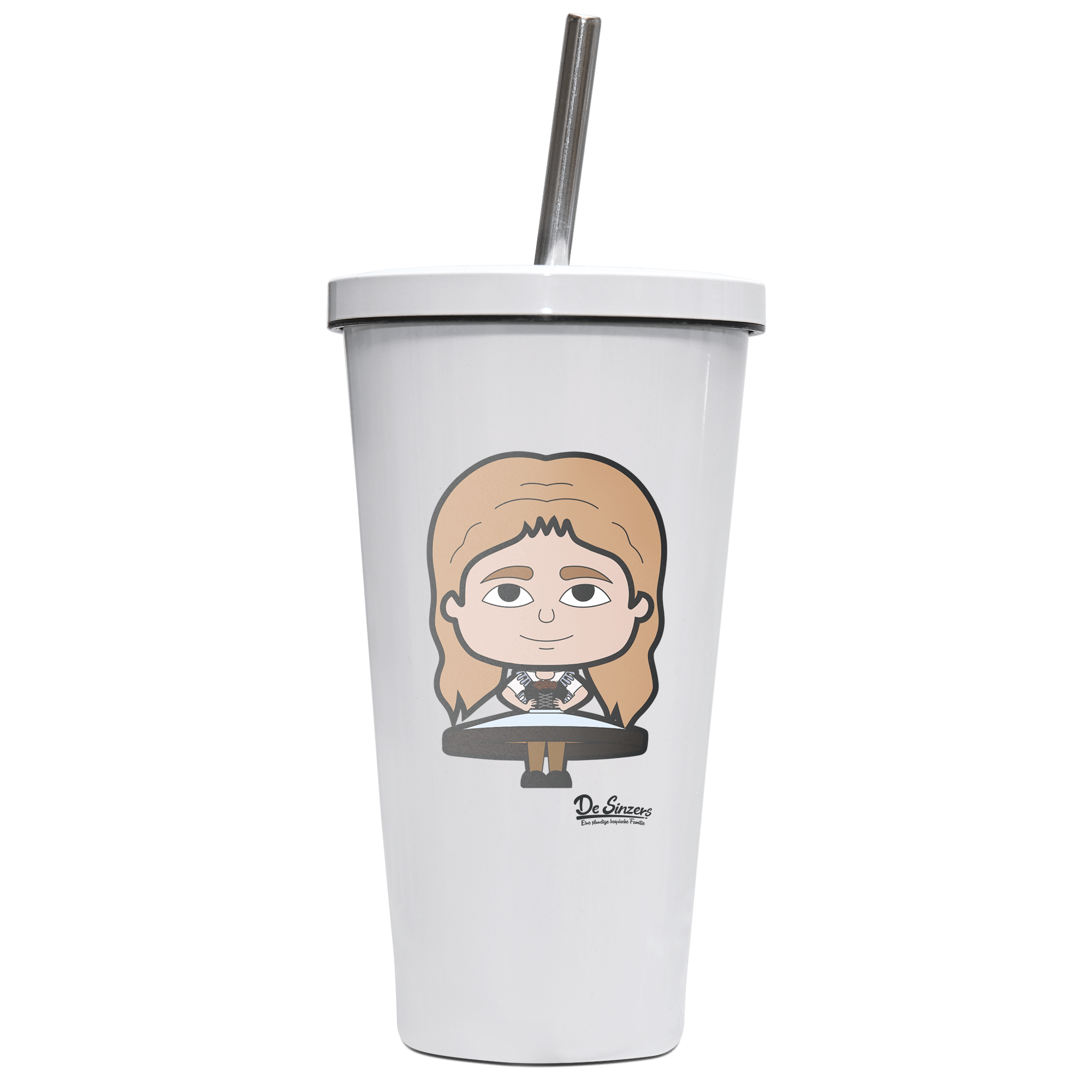 Die Sinzerin Trachtenverein Edelstahl Trinkbecher mit Strohhalm 480ml Weiss Krottenkopf Front