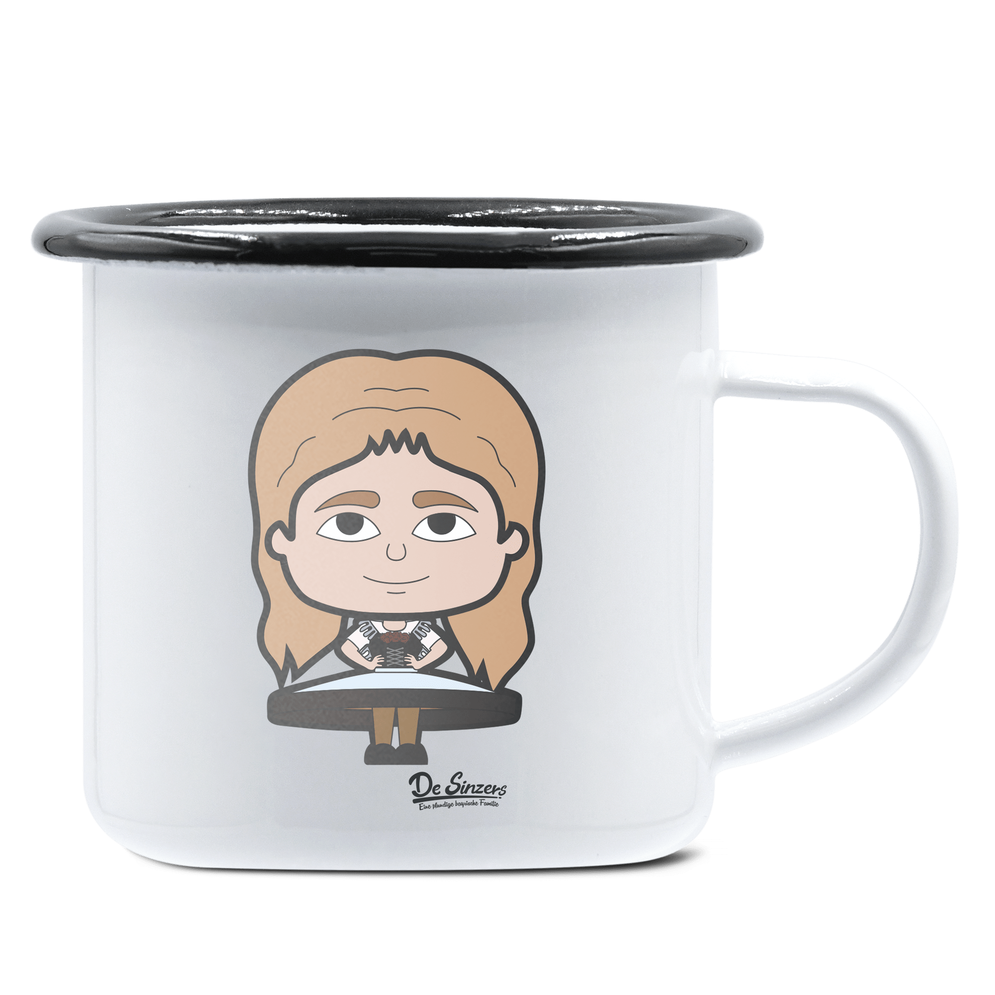 Die Sinzerin Trachtenverein Emaille Tasse 375ml Weiss Schwarz Hochries Front