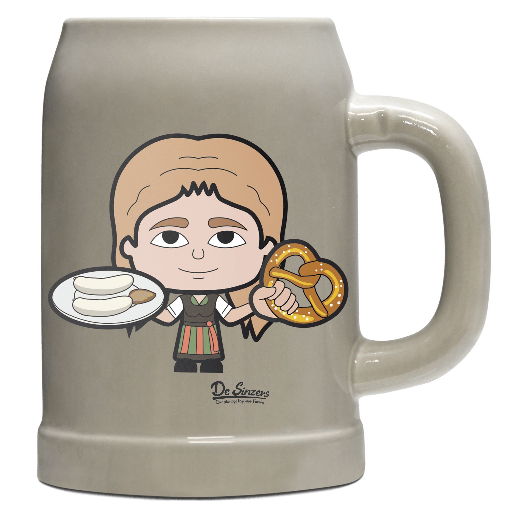 Die Sinzerin Weisswurscht und Brezn Bierkrug 500ml Grau Watzmann Front