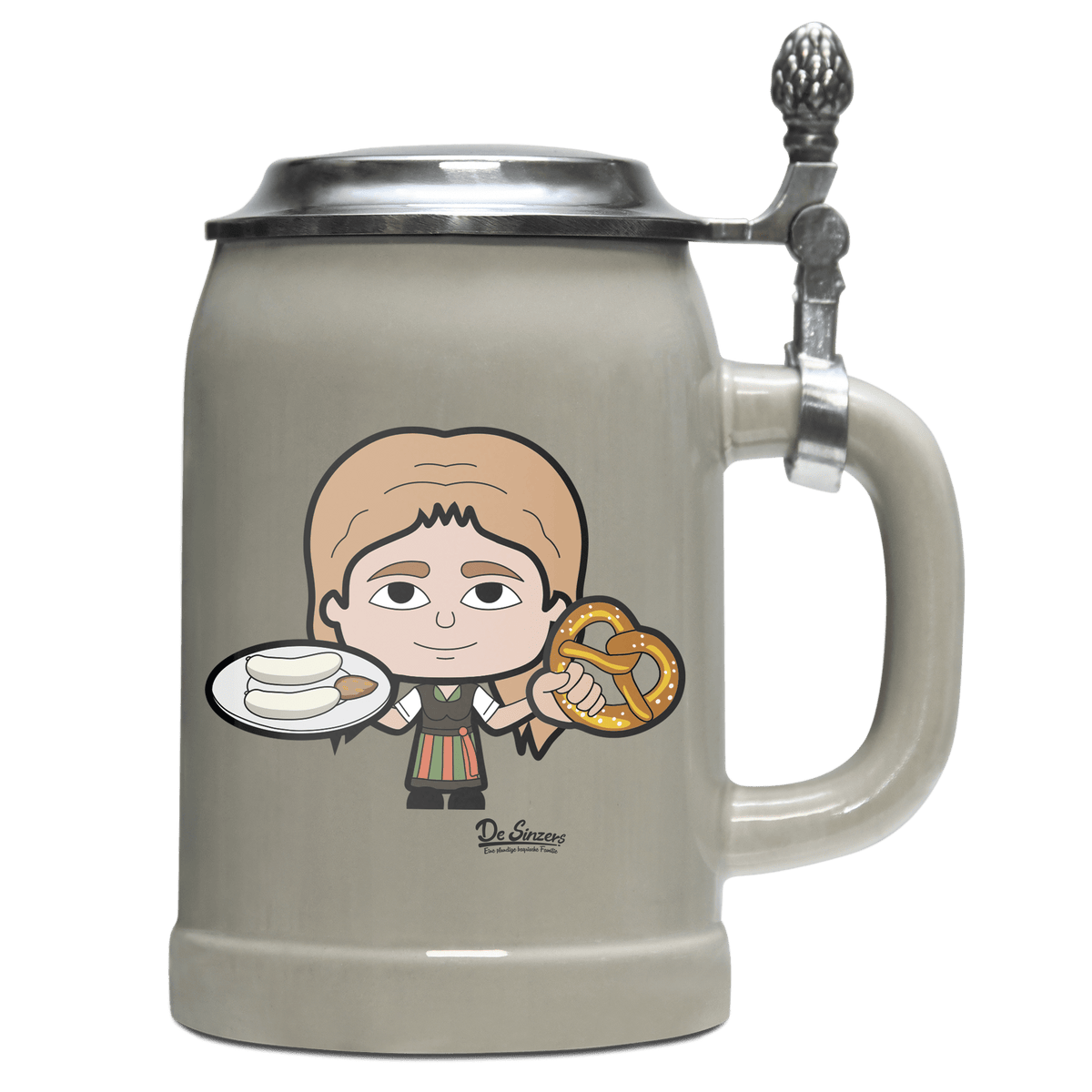 Die Sinzerin Weißwurscht und Brezn Bierkrug 500ml Grau mit Deckel Hocheck Front