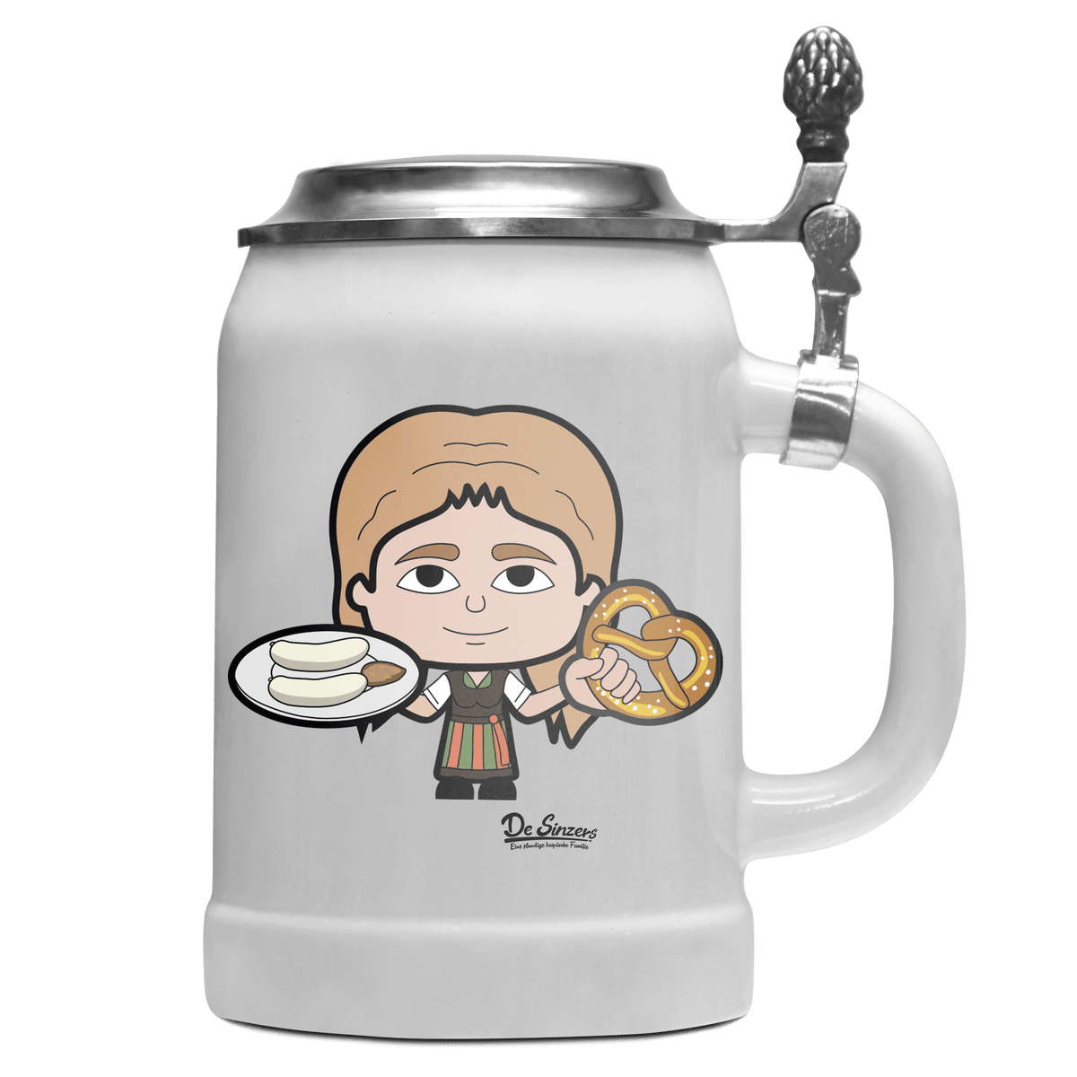 Die Sinzerin Weißwurscht und Brezn Bierkrug 500ml Weiss mit Deckel Wetterspitzen Front