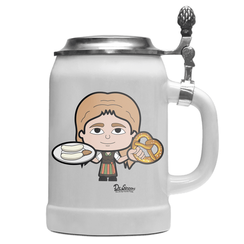 Die Sinzerin Weißwurscht und Brezn Bierkrug 500ml Weiss mit Deckel Wetterspitzen Front