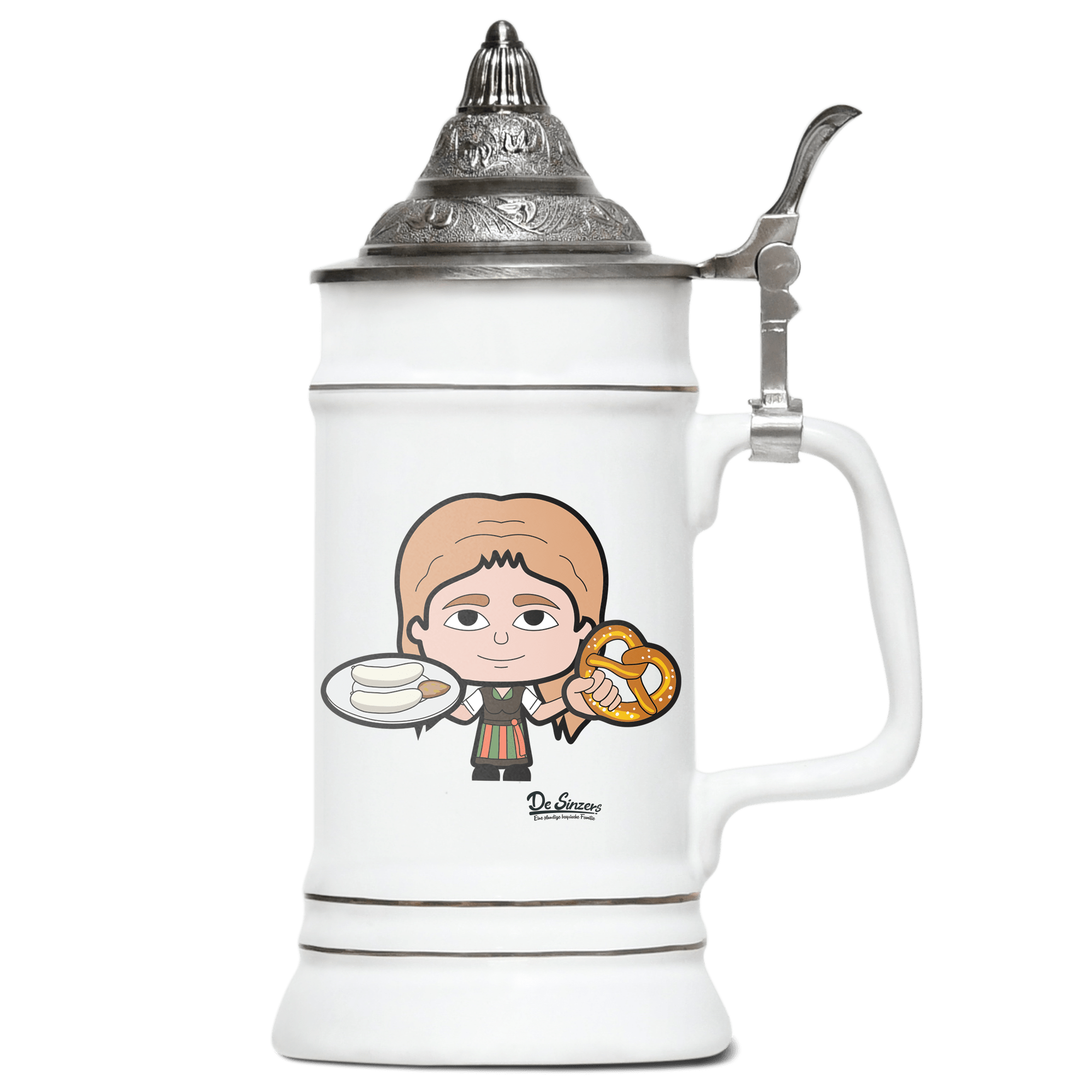 Die Sinzerin Weisswurscht und Brezn Bierkrug 500ml Weiss mit Spitzdeckel Wendelstein Front