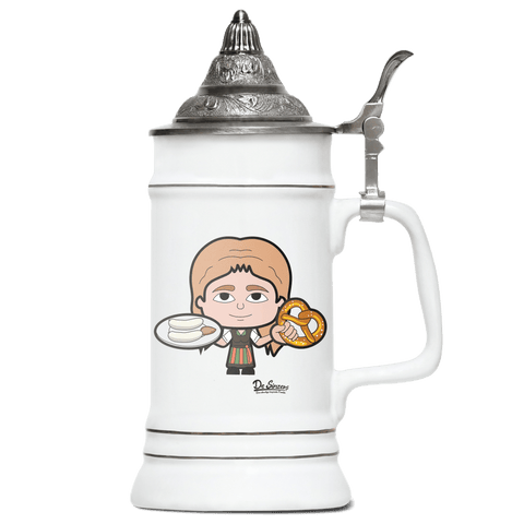 Die Sinzerin Weisswurscht und Brezn Bierkrug 500ml Weiss mit Spitzdeckel Wendelstein Front