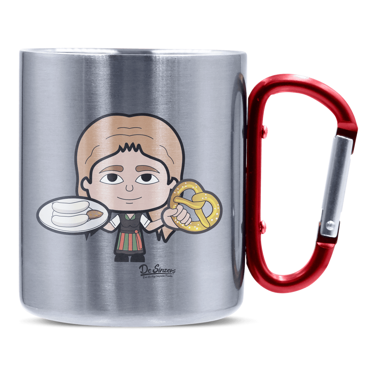 Die Sinzerin Weißwurscht und Brezn Edelstahl Kaffeetasse roter Karabiner 320ml Kitzstein Front