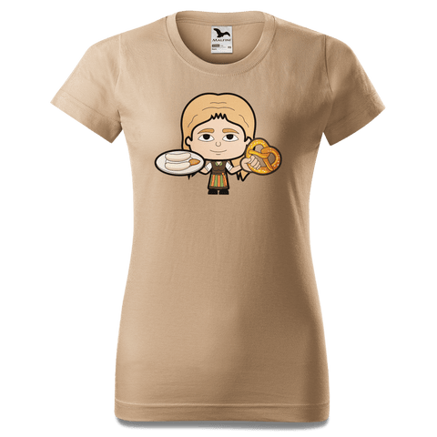 Die Sinzerin Weisswurscht und Brezn T Shirt Damen Sand Entleiten Front