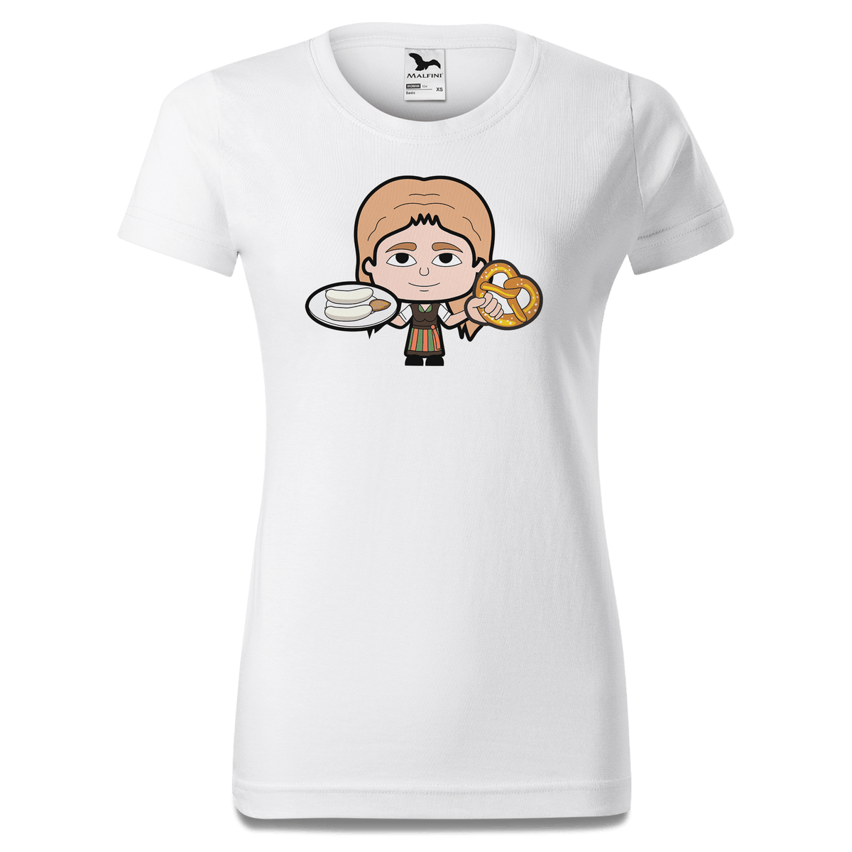 Die Sinzerin Weisswurscht und Brezn T Shirt Damen Weiss Gehering Front